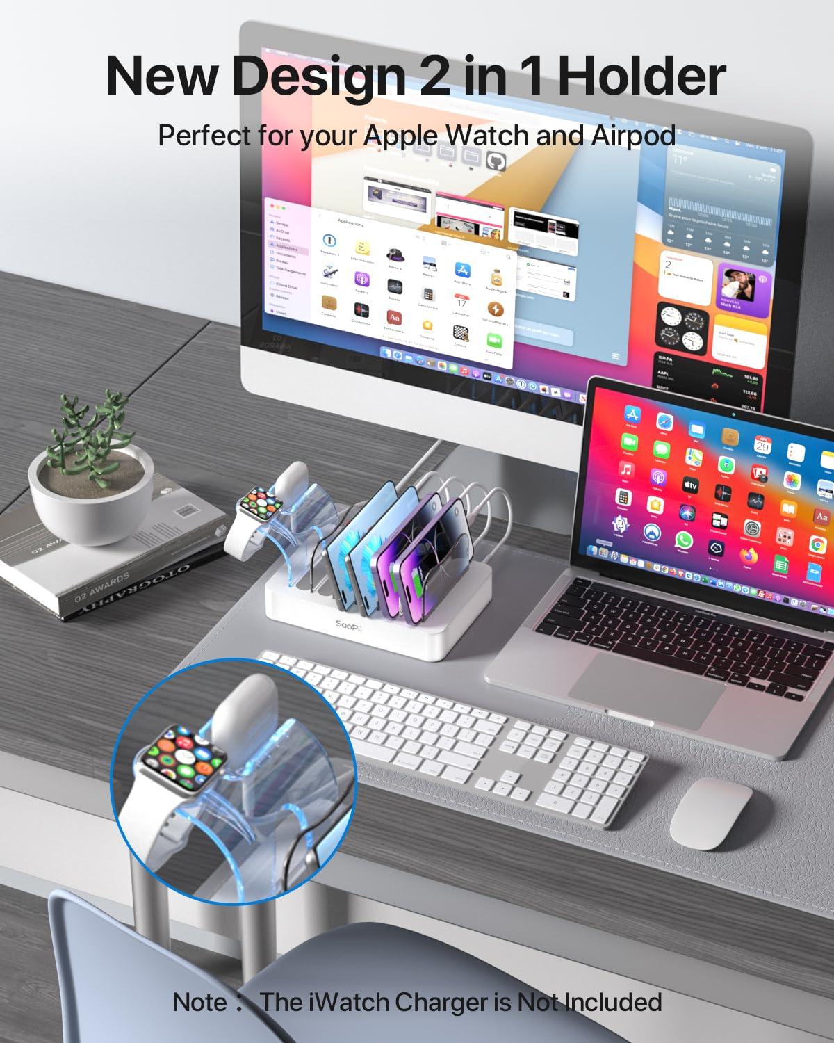 SooPii Premium 6-Port USB Charging Station Organizer for Multiple Devices, 6 Short Charging Cables and One Upgraded i-Watch Charger Holder Included, for Phones, Tablets, and Other Electronics, White - Image 3