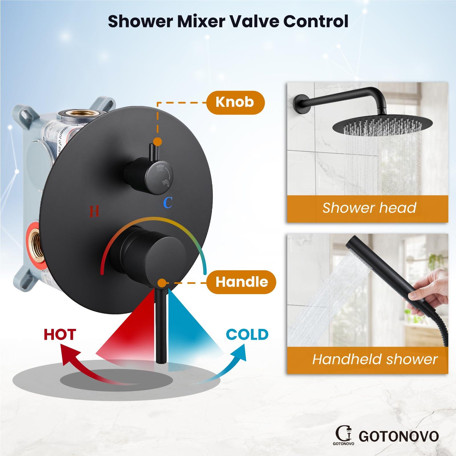 gotonovo Shower System 10 Inch Round Rainfall Showerhead Wall Mounted High Pressure Shower Faucet Set Fixture Combo with Rough in Valve and Cylindrical Handheld Spray, Matte Black - Image 5