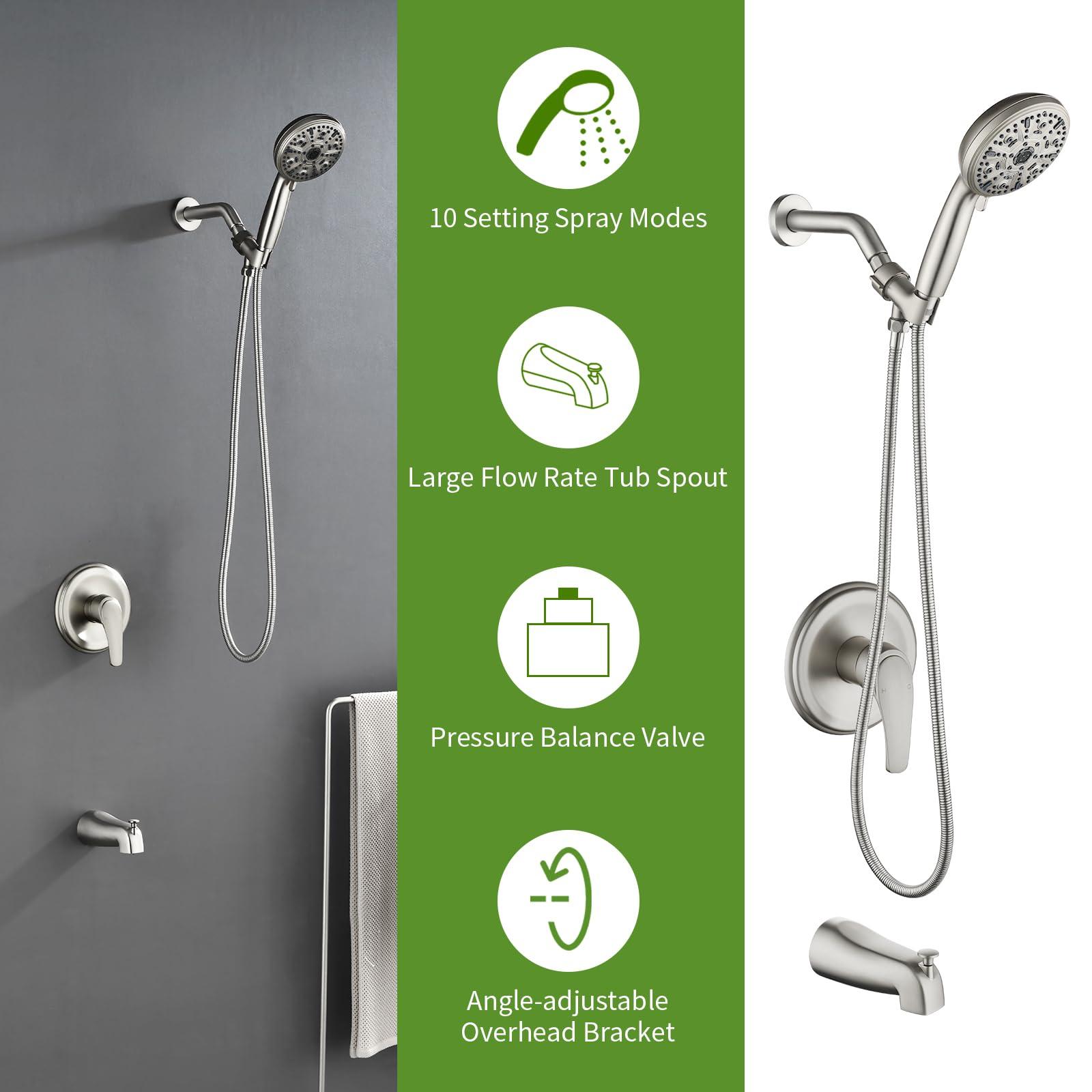 VIKASI Tub Shower Faucet Set with 10 Spray Handheld Shower Brushed Nickel Shower System with Tub Spout Single Handle 4.7 Inch Shower Handheld Shower Fixtures Tub and Shower Trim Kit - Image 3