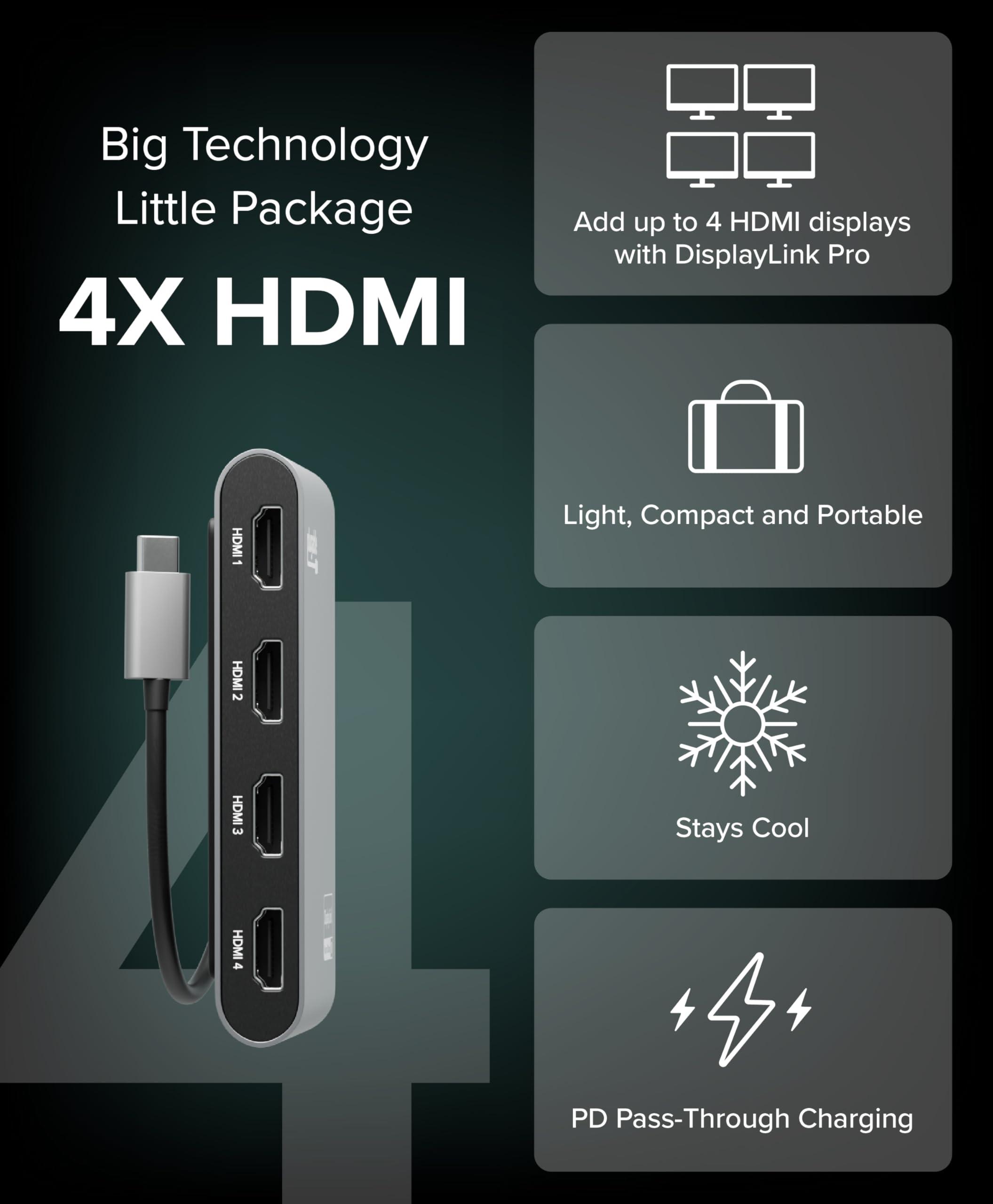 Plugable USB C to Quad HDMI 4K Adapter with 100W PD Pass-Though Power Delivery for Windows, Mac M1/M2/M3/M4, Thunderbolt, and USB-C Laptops | TAA, DisplayLink Pro, Driver Required (USBC-7400H4) - Image 3