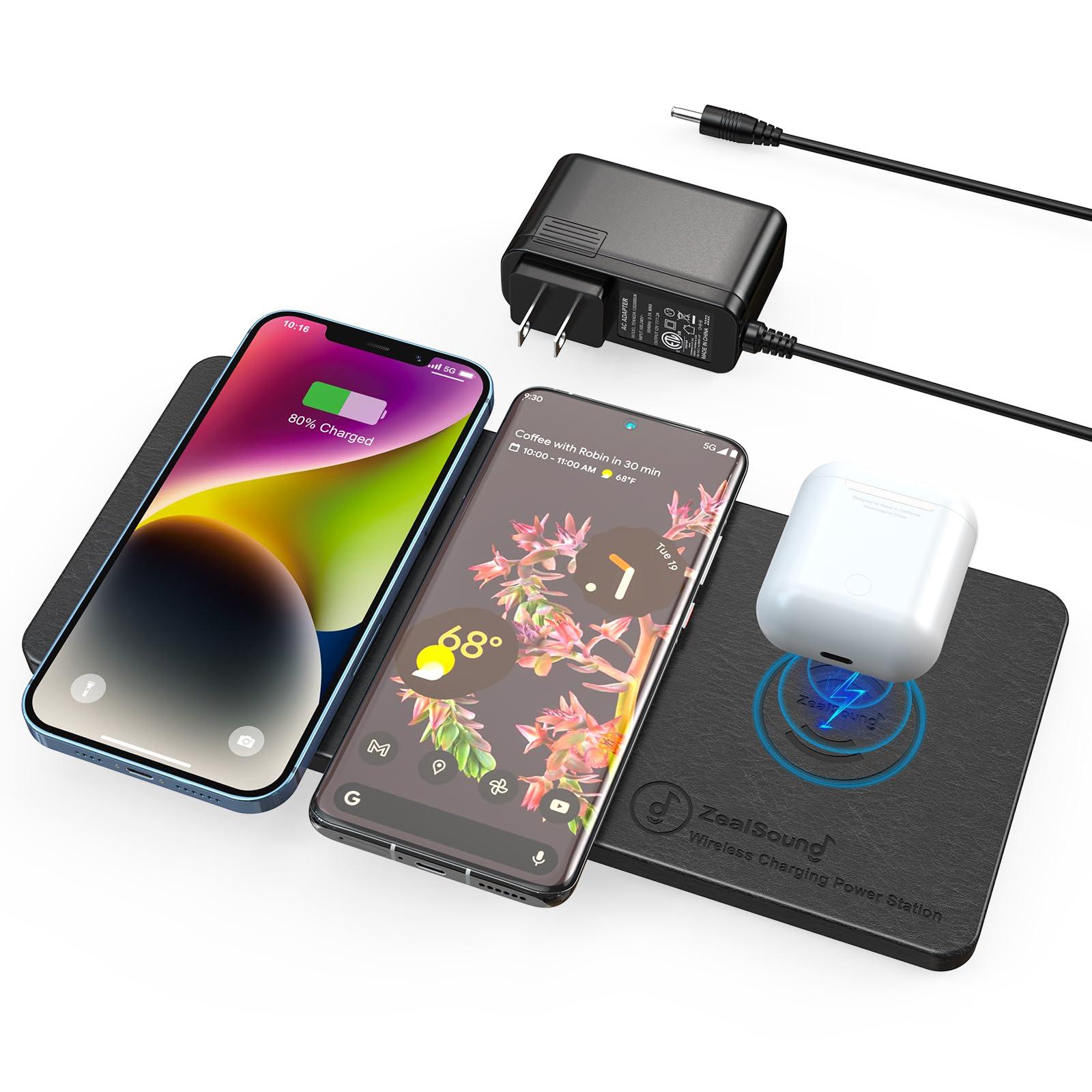 Wireless Charging Pad, ZealSound Ultra-Slim Triple Charger Station for Multiple 3 Devices & New Airpods Ultra Slim PU Leather Wireless Charging Mat W/AC Adapter for Smartphone Phone (Black)