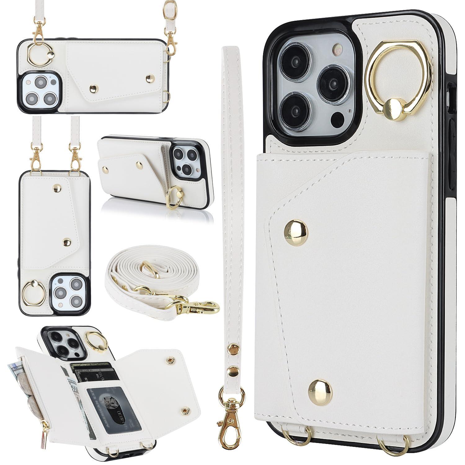 LUVI Compatible with iPhone 16 Pro Wallet Case with Card Holder Crossbody Neck Strap Lanyard Wrist Strap Purse for Women PU Leather Flip with Credit Card Kickstands Stand Cover White
