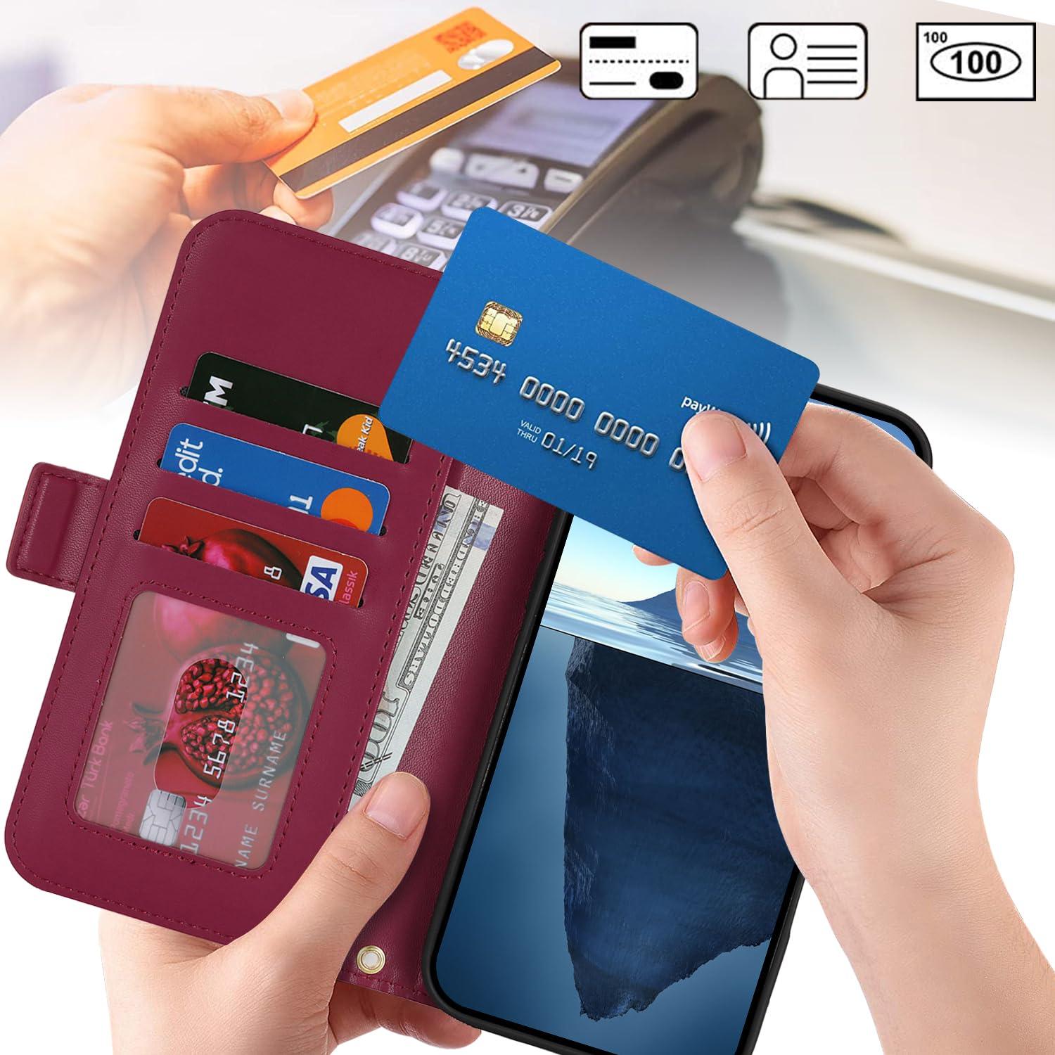 Lipvina for iPhone 16 Wallet Case for Women,Zipper Pocket,PU Leather Phone Case Stand flip Cover Crossbody Lanyard Strap Zipper Credit Card Holder Slots for Apple 16,Wine Red - Image 3