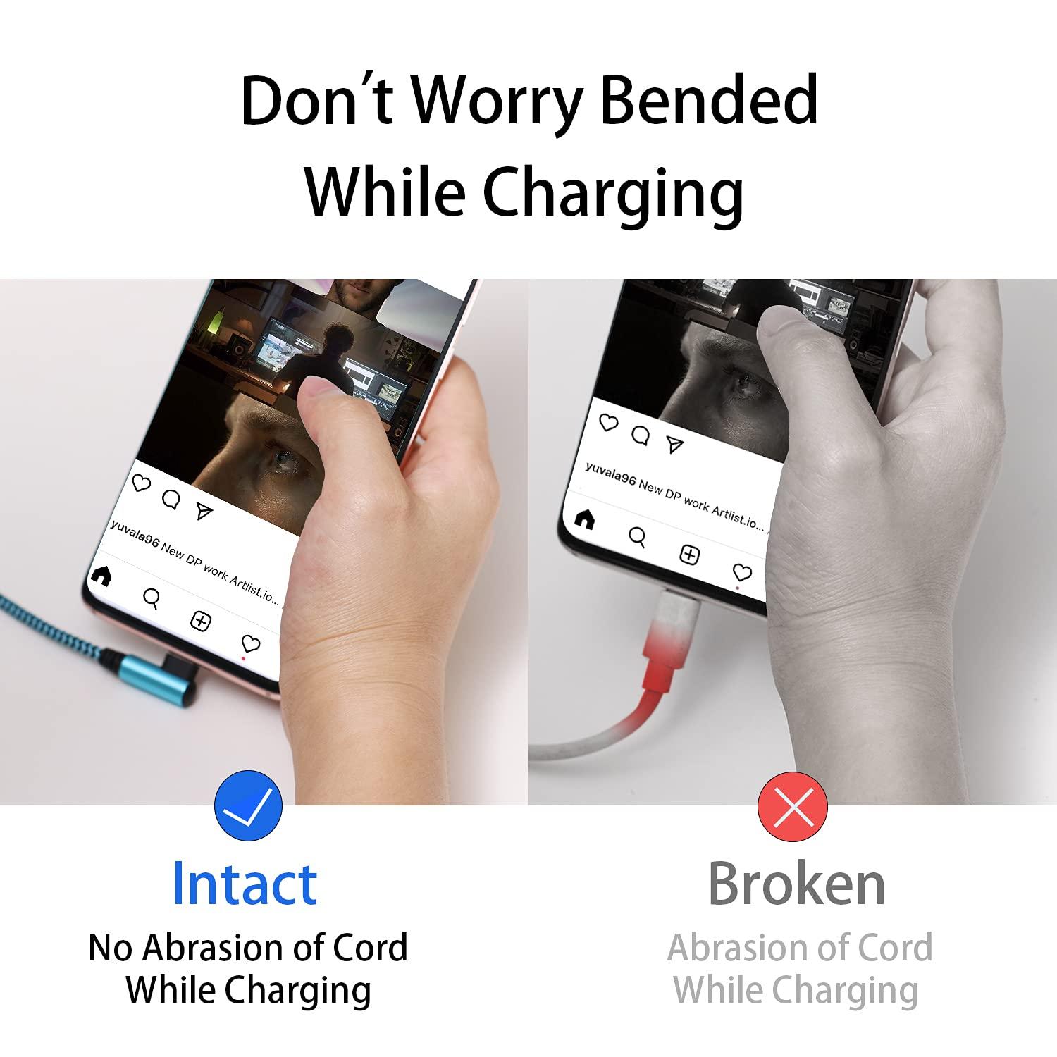 Teeind USB Type C Cable 2.1A Fast Charging: [90 Degree/6ft/3Pack] Nylon USB C Cord Right Angle Compatible with Samsung Galaxy S23/S22/9/Note 10, USB C Charger-Blue/Magenta/Purple - Image 6