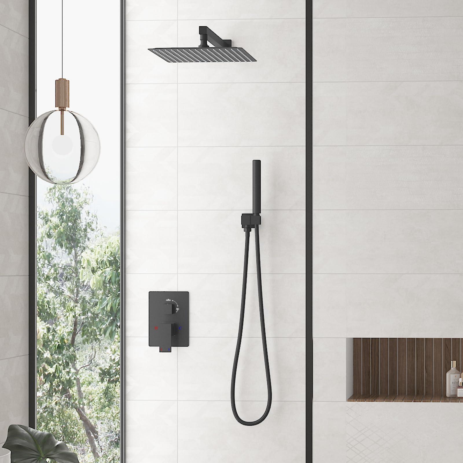 Hoimpro 12 Inch Shower Head System Set Bathroom Rain Mixer Shower Head 2 In 1 Handheld Sprayer Wall Mounted, Square Rainfall Shower Faucet Fixture Combo Valve Kits Brass Showerhead, Matte Black - Image 2