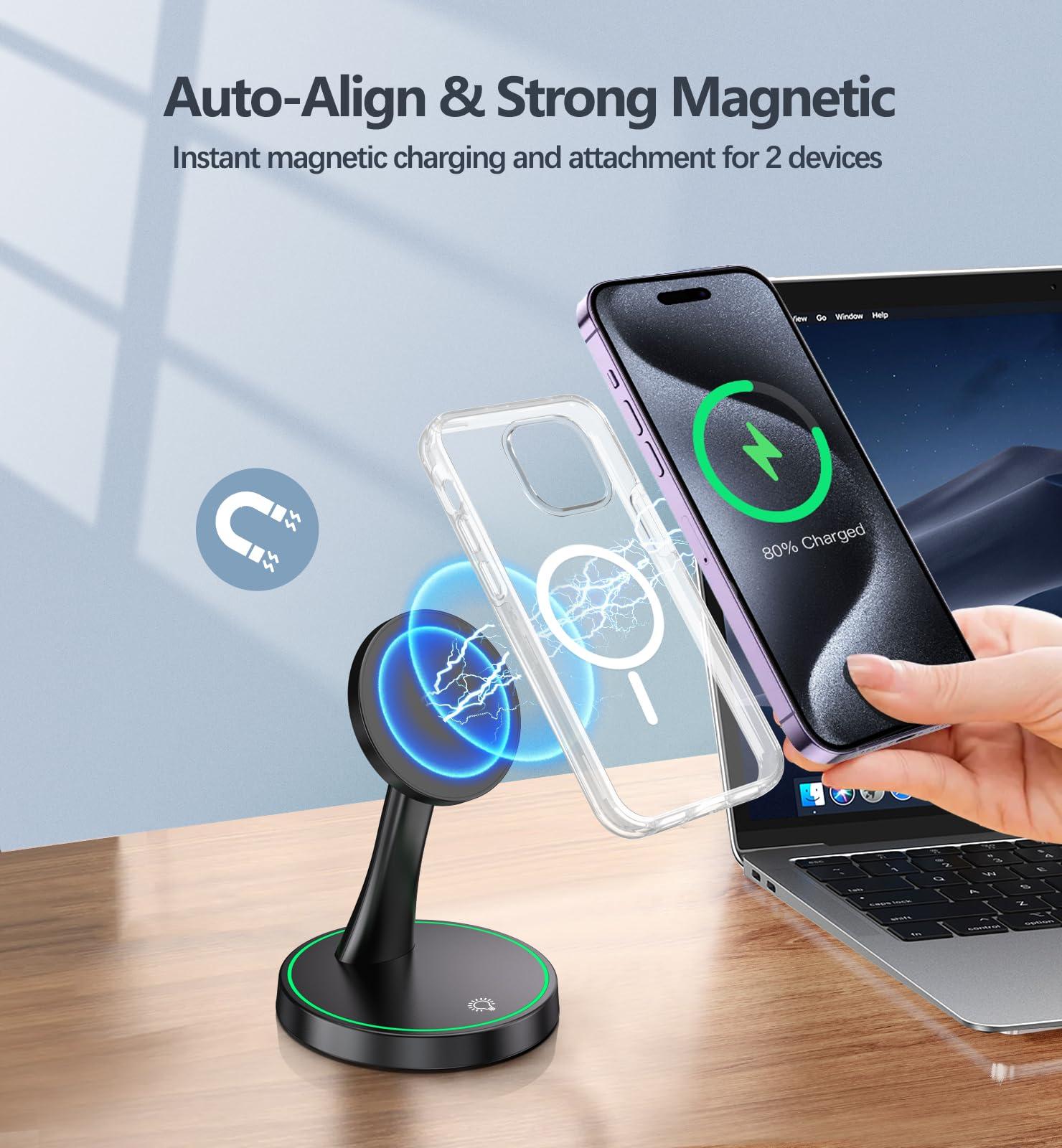 Magnetic Wireless Charger Stand 15W Fast Mag-Safe Charger for iPhone 16/16 Pro/16 Plus/16 Pro Max/15/14/13/12 Series Magnet Wireless Charging Station/Pad with Sleep-Friendly Light for AirPods - Image 6
