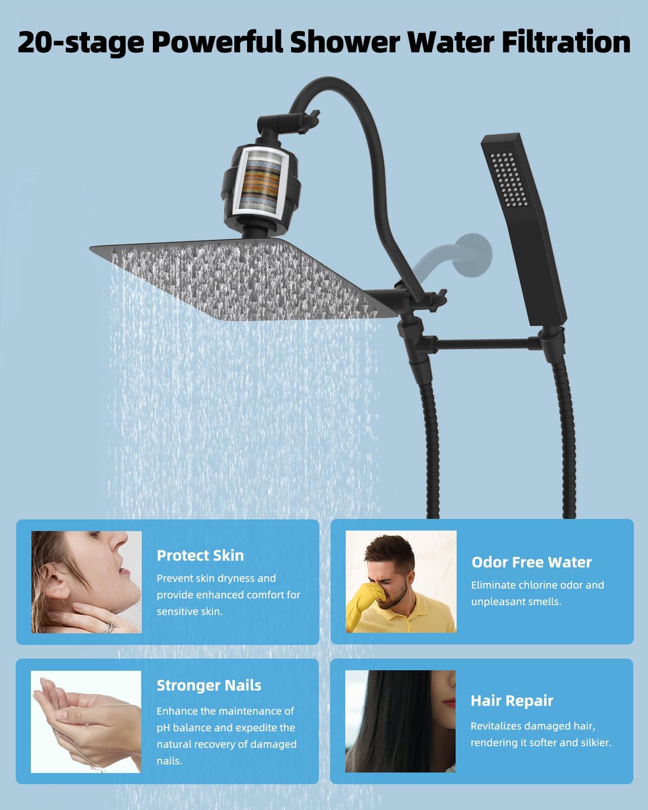 Hibbent All Metal 10'' Filtered Rainfall Shower Head Combo, High Pressure Handheld Shower Wand, 12'' Adjustable Extension Arm, 20 Stage Shower Filter, 71'' Hose, 2 Shower Head Holders, Matte Black - Image 5