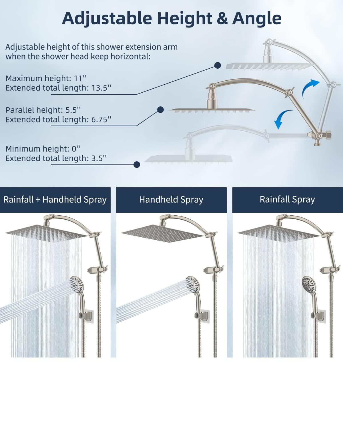 Hibbent All Metal Shower Head,10'' High Pressure Rain Shower Head/Handheld Showerhead Combo with 16'' Adjustable Shower Extension Arm, 7-Spray, 71'' Hose Adhesive Showerhead Holder, Brushed Nickel - Image 7