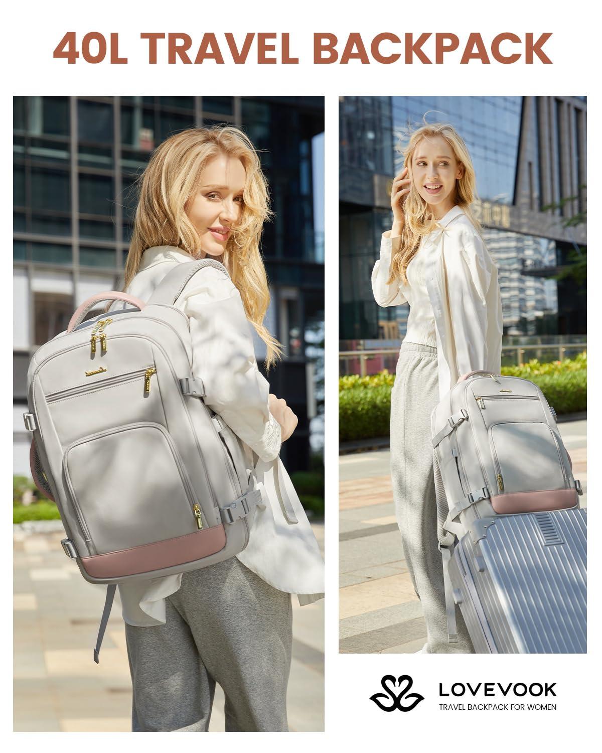 LOVEVOOK Travel Backpack For Women, 40L Carry On Backpack Flight Approved, TSA Personal Item Travel Bag Fits 17 Inch Laptop, Business Weekender Overnight Waterproof Daypack With 2 Cubes, Grey-Pink - Image 10