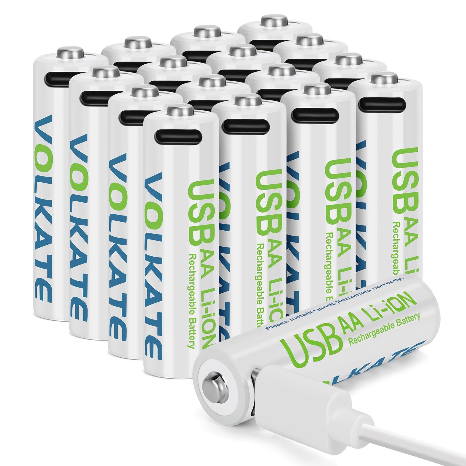 4000mWh Rechargeable Lithium AA Batteries 16 Pack, 1.5V USB Double A Size Li-ion Battery with Charging Cable, 2H Fast Charging, 1200 Cycles, for Blink Doorbell Camera, Toy, Game, Flashlight