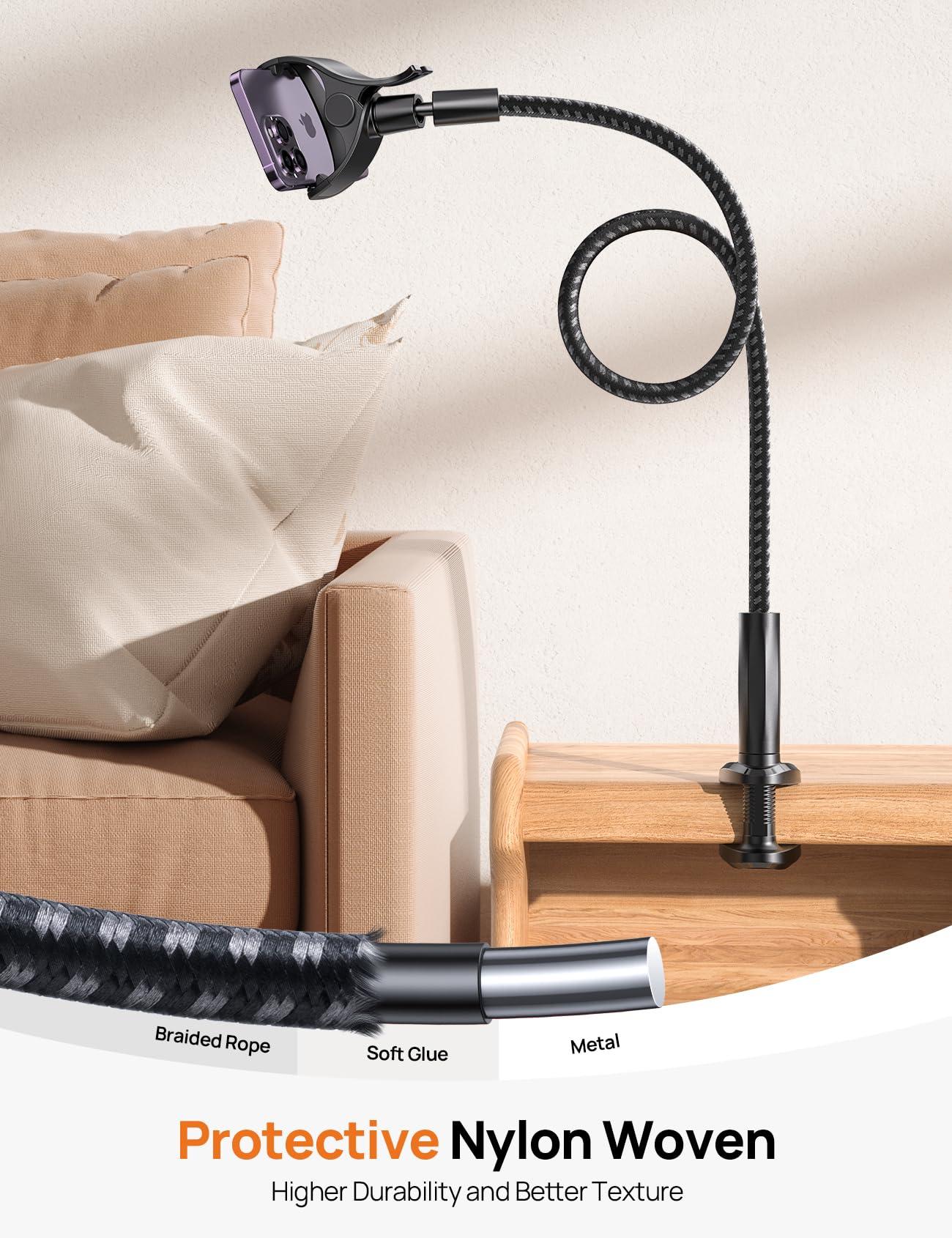 Aomiker Gooseneck Phone Holder for Bed - [2025 Upgrade Nylon Braid] 38” Long Flexible Lazy Arm Clip, 360 Adjustable Overhead Phone Mount for iPhone 15 14 13 12 11 Pro Max Mini Plus, all 4-7" Cellphone - Image 3