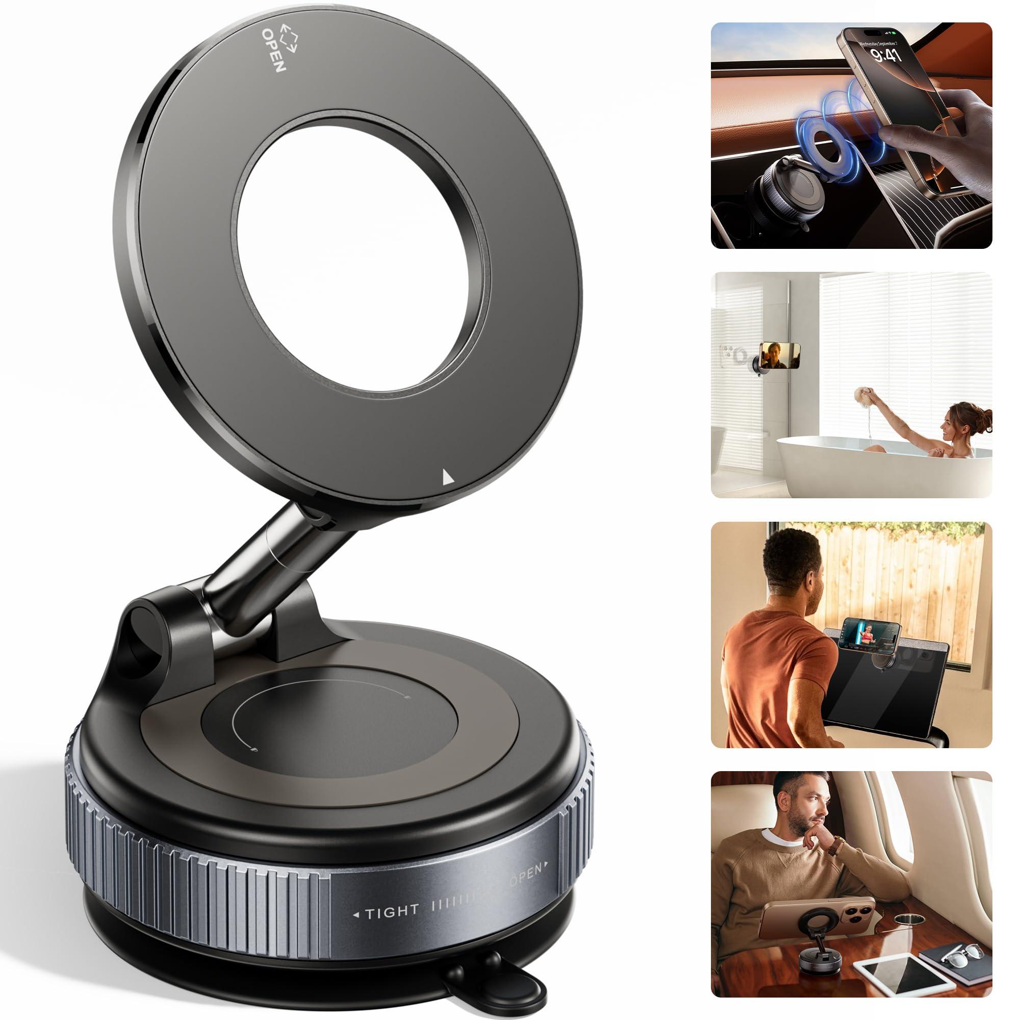 REOKILY 2026 Upgraded Vacuum Magnetic Car Phone Holder 360° Reinforced 96LBS Ultra Suction Cup Phone Mount for MagSafe Cell Phone Holders for Your Car/Gym/Mirror Mount for iPhone & Android