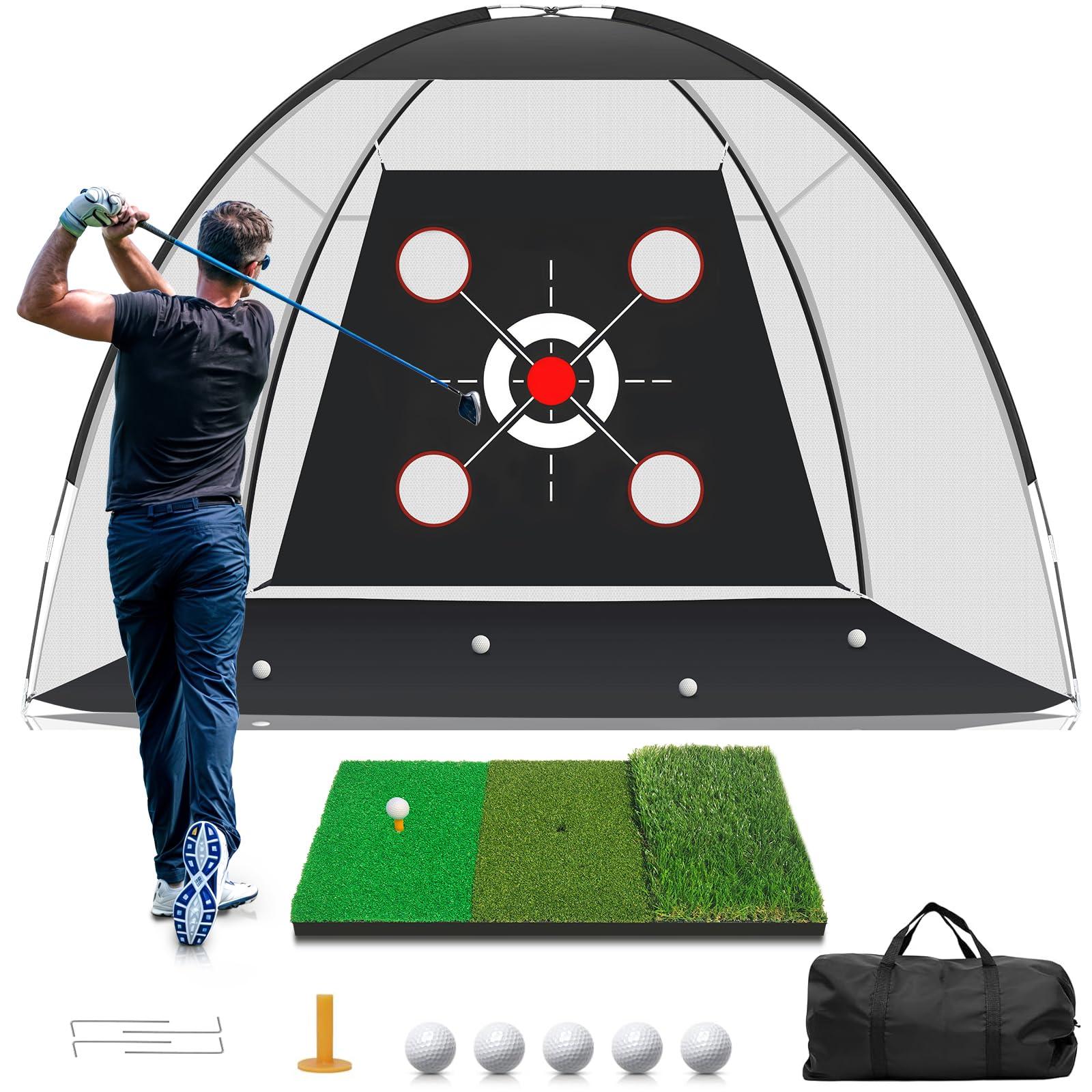 KLAODOT Golf Net with Practice Mat,Golf Hitting Aid Nets 10x7FT for Backyard Driving Chipping Training Swing with Target Mat Balls for Outdoor Indoor，Gifts for Men Dad Him and Golfer