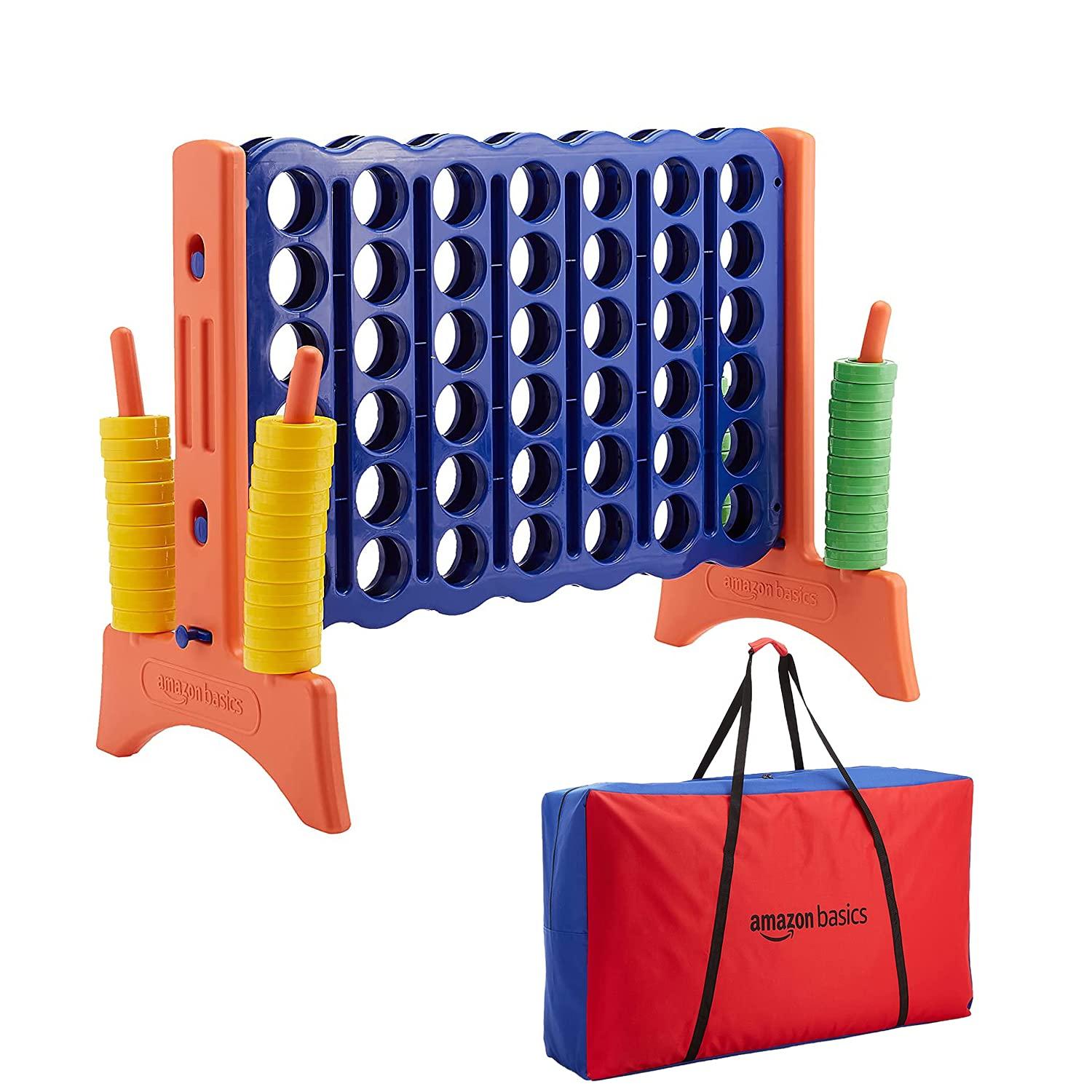 Amazon Basics Junior BPA-Free 4-to-Score Giant Premium Plastic Games Set, 4 in A Row for Kids and Adults with Carrying Bag, Great For Gifting, Variety of Colors, Blue, Yellow, Red, Green, Large