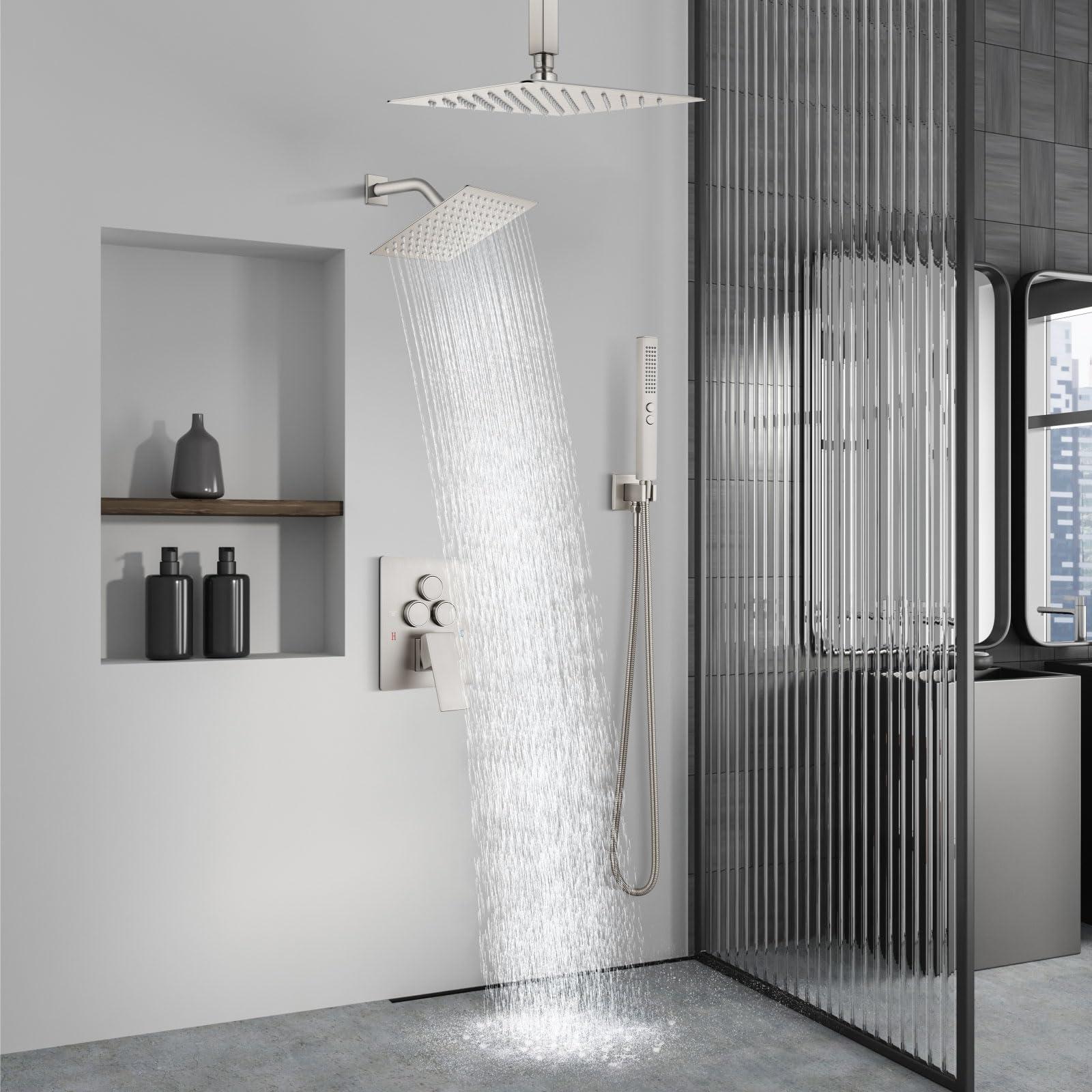 Aolemi Shower Faucet Set Ceiling Mount Shower System Rough-in Valve and Shower Trim Kit 10 and 6 Inch Dual Shower Head 2 in 1 Handheld Spray Push Button Diverter Brushed Nickel - Image 2