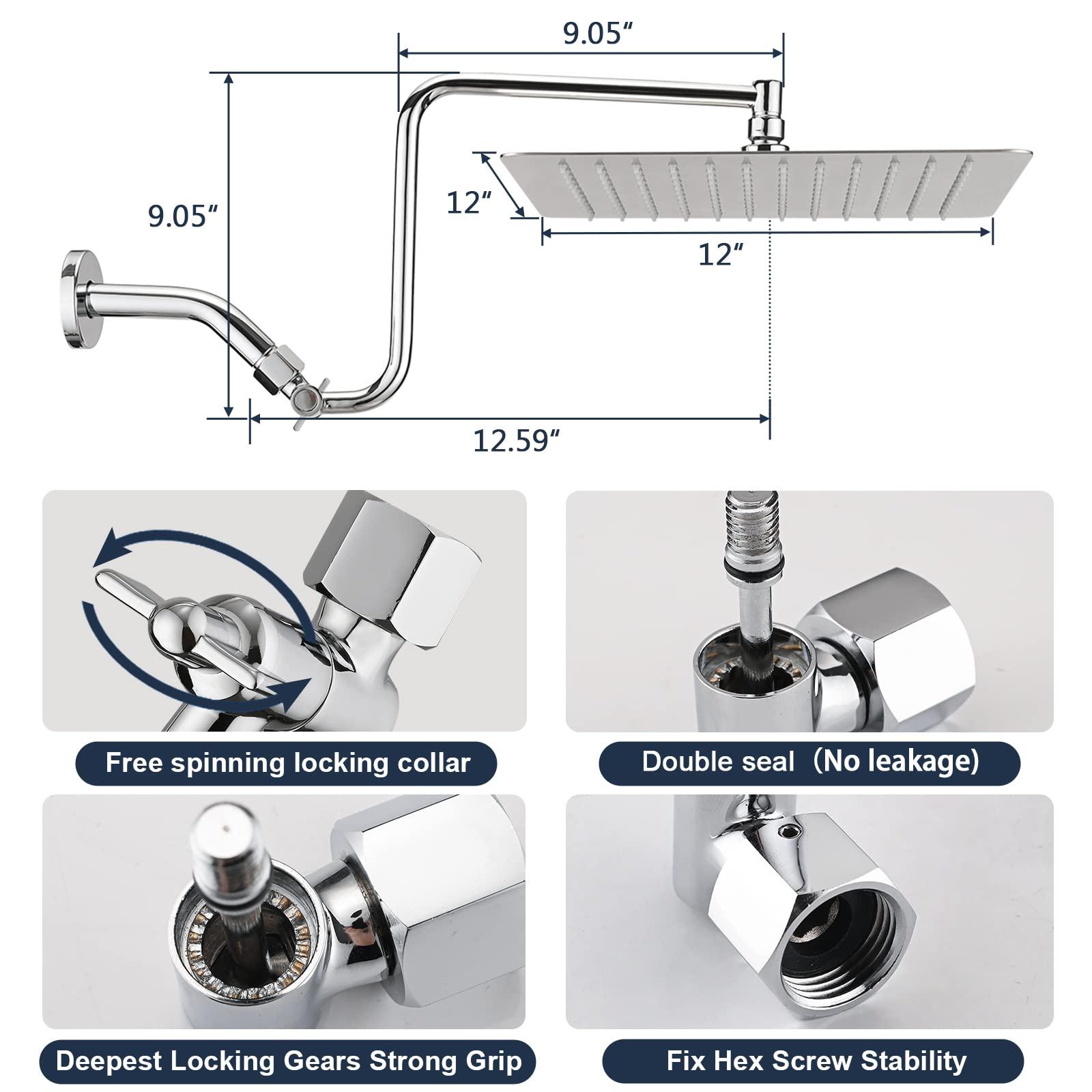 PDPBath 12" Rain Shower Head with Upgrade Adjustable Extension Arm, 304 Stainless Steel High Pressure Rainfall Showerhead, All Metal Large Square Waterfall Fixed Showerhead for Bathroom - Chrome - Image 2