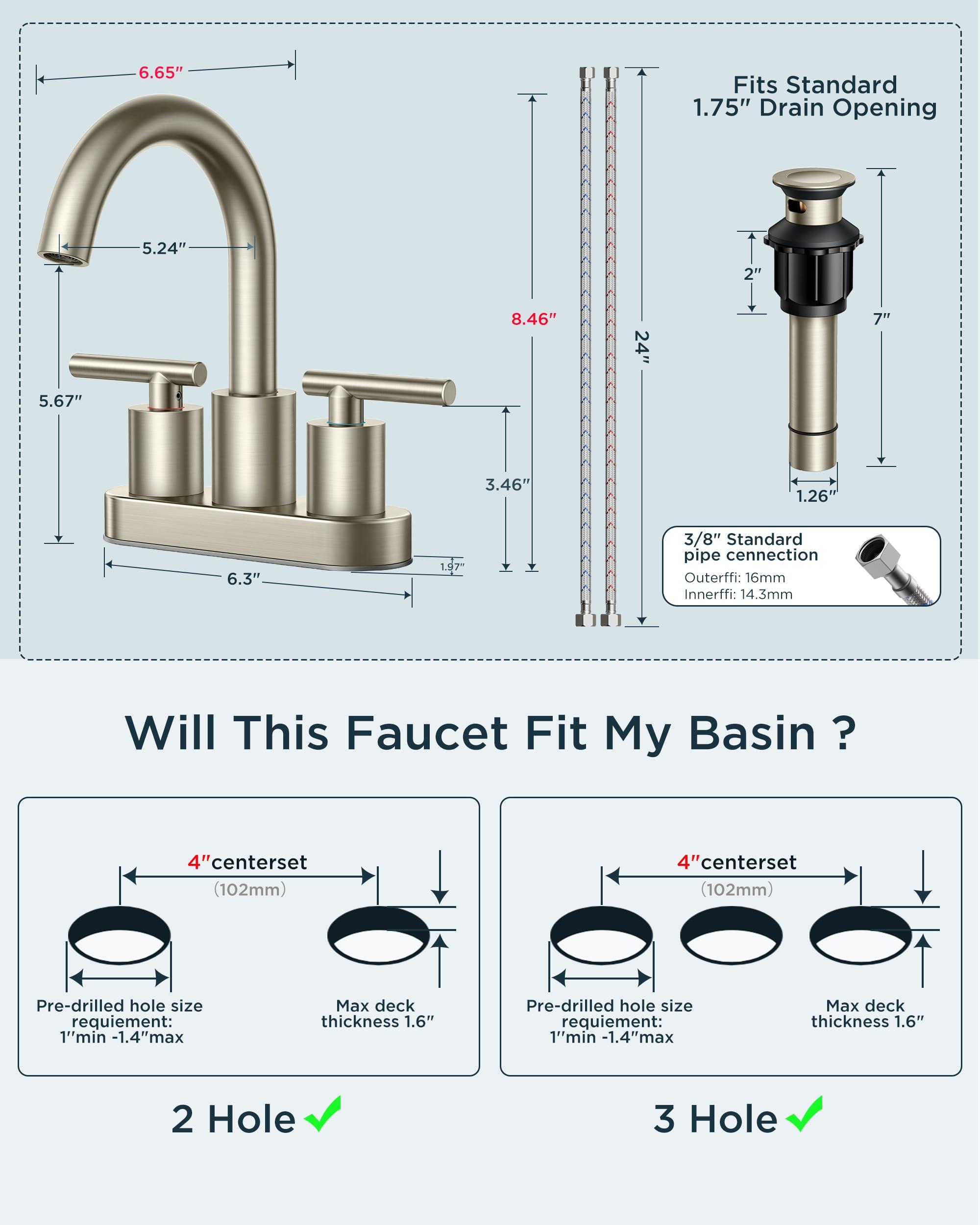 FORIOUS Brushed Nickel Bathroom Faucet 2 Hole, 4 Inch Centerset Bathroom Sink Faucet Brushed Nickel with Metal Dain, 24" CUPC Hoses, 360° Swivel Gooseneck for RV Basin - Image 2