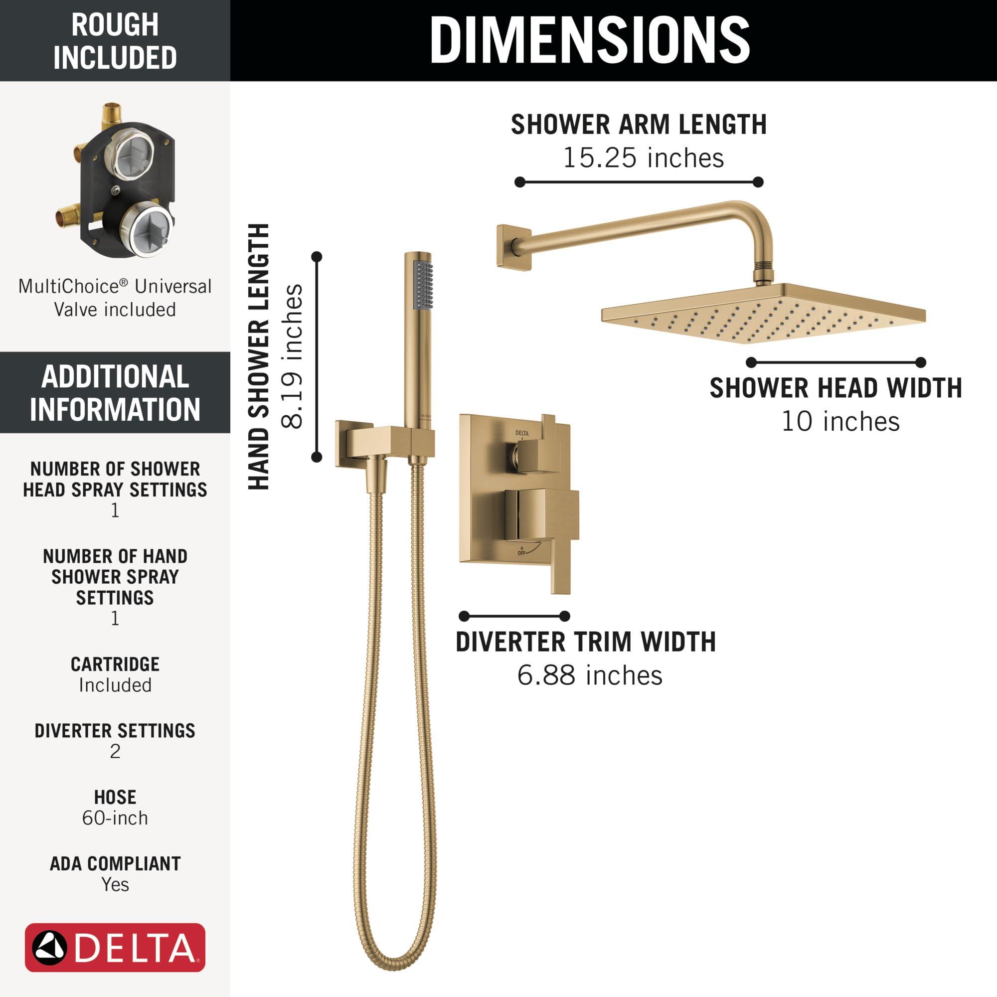 Delta Faucet Modern Raincan 2-Setting Square Shower System Including Rain Shower Head and Handheld Spray Gold, Rainfall Shower System Gold, Shower Valve and Trim Kit, Champagne Bronze 342701-CZ - Image 3