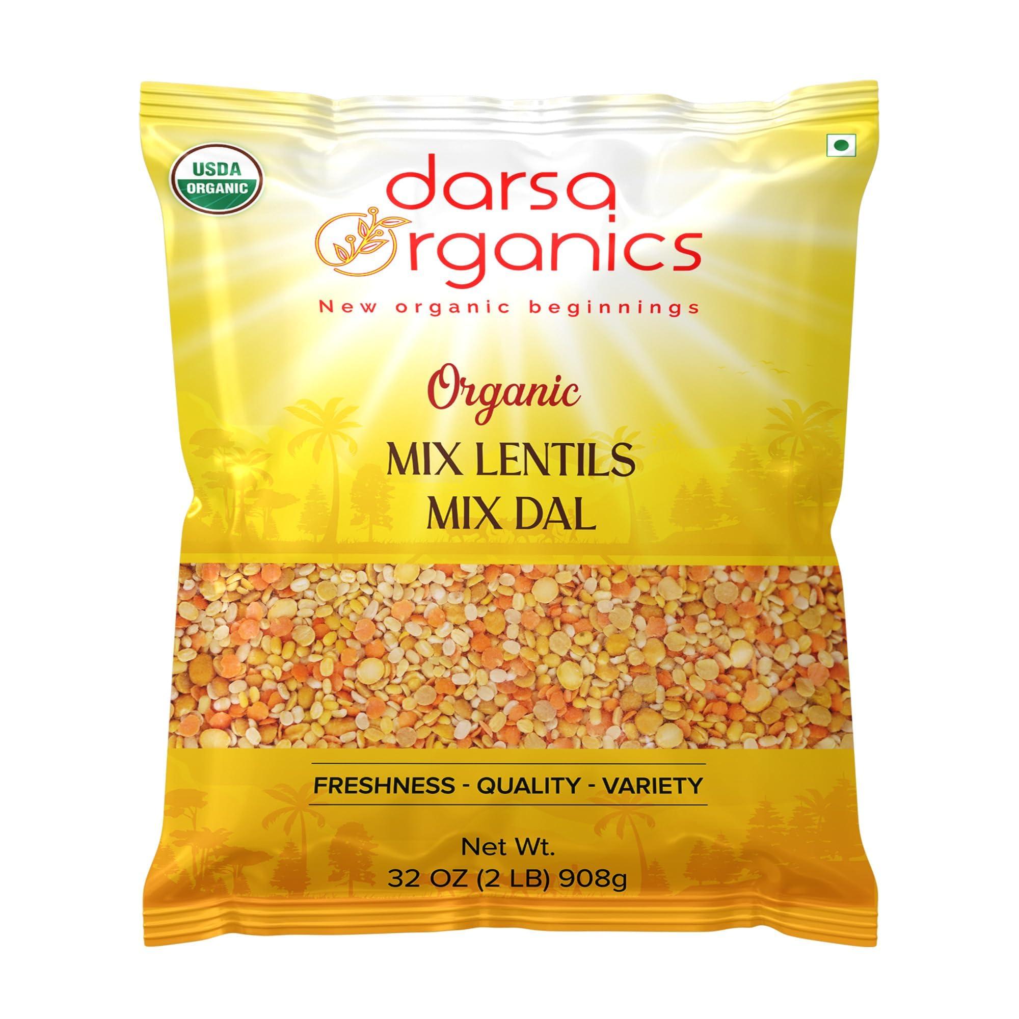 Darsa Organics Mix Lentils 2 lb – USDA Organic, Non-GMO, Kosher Mixed Dal – High Protein Indian Red Lentil Blend for Soup, Stews, Curry & Snacks – Chemical-Free, Premium Quality, Food-Grade Packaging