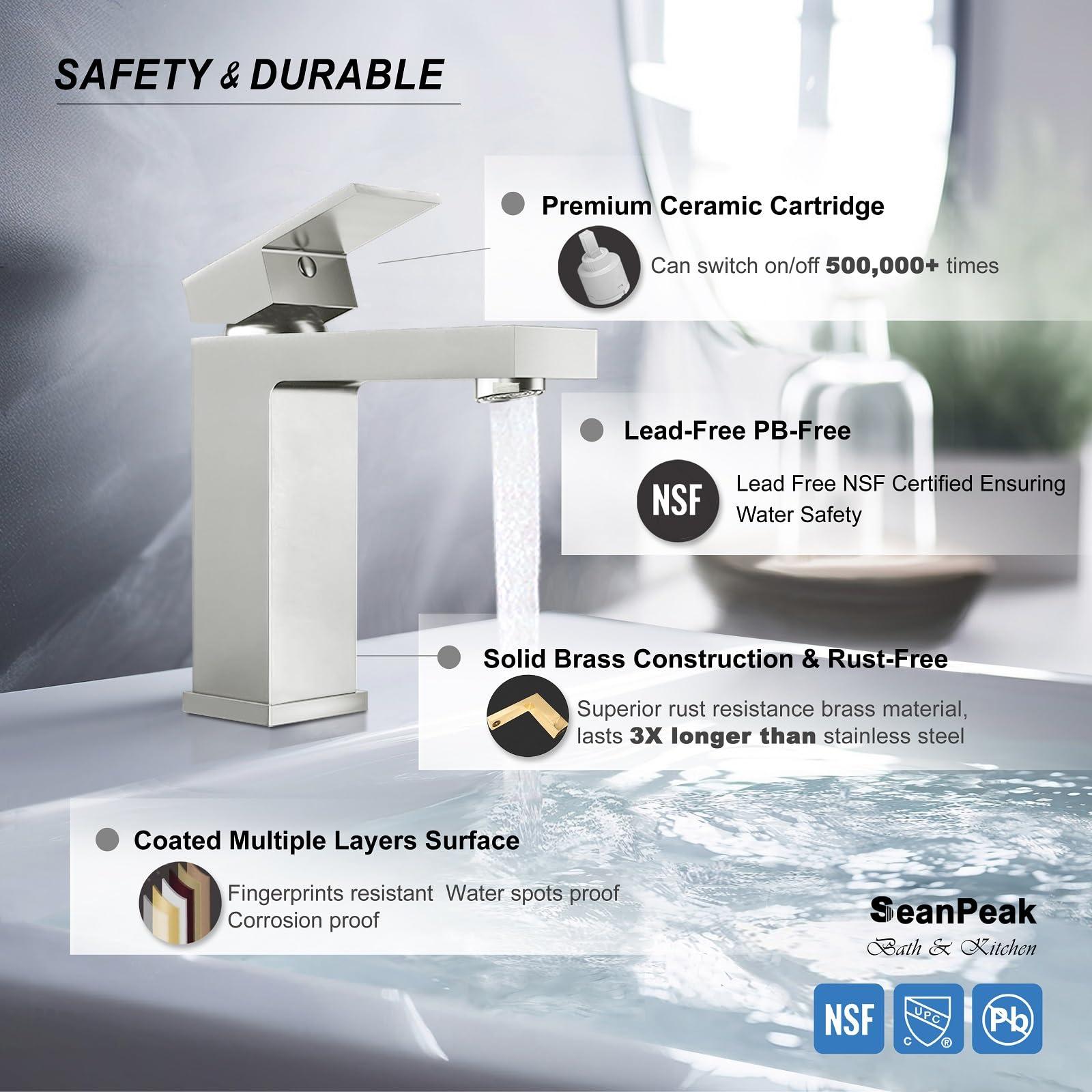 SeanPeak Bathroom Faucet, Brushed Nickel Bathroom Faucets, Solid Brass Sink Faucet, Lead-Free Single Handle Vanity Faucets with 2 Water Supply Hoses & Drain Stopper - Image 3