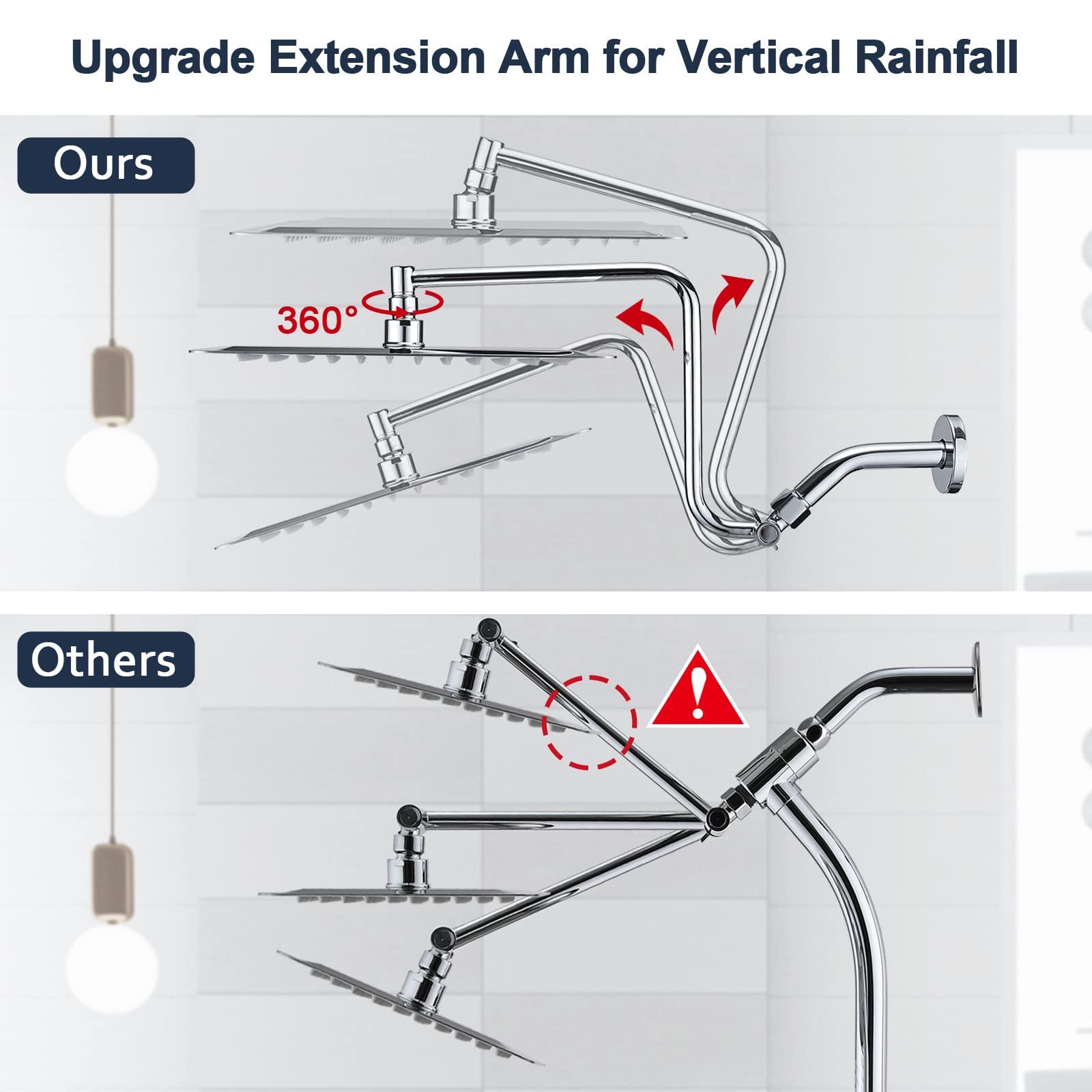 PDPBath 12" Rain Shower Head with Upgrade Adjustable Extension Arm, 304 Stainless Steel High Pressure Rainfall Showerhead, All Metal Large Square Waterfall Fixed Showerhead for Bathroom - Chrome - Image 5