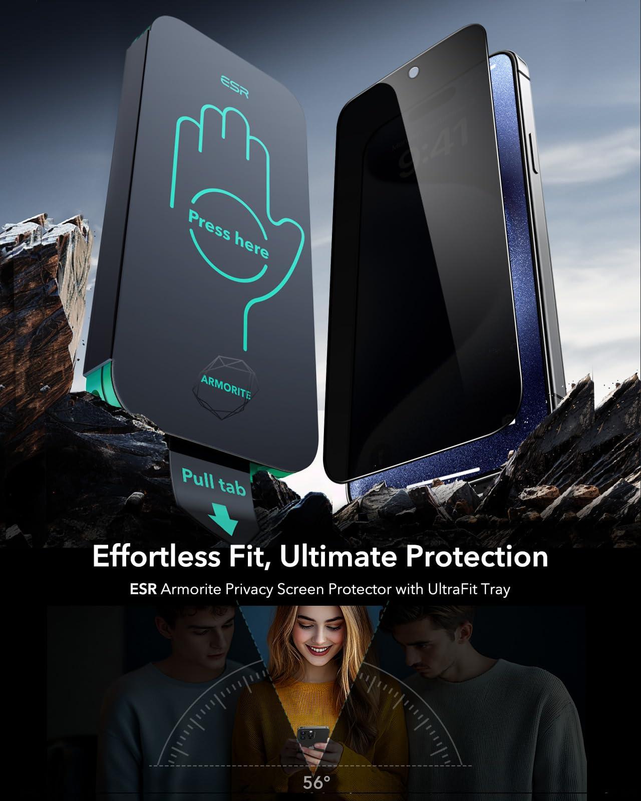 ESR 3 Pack 9H+ Glass for iPhone 15 Pro Max Privacy Screen Protector, [Military Grade Shatterproof & Longest Durable] Armorite Anti-spy Tempered Glass with UltraFit Tray - Image 2