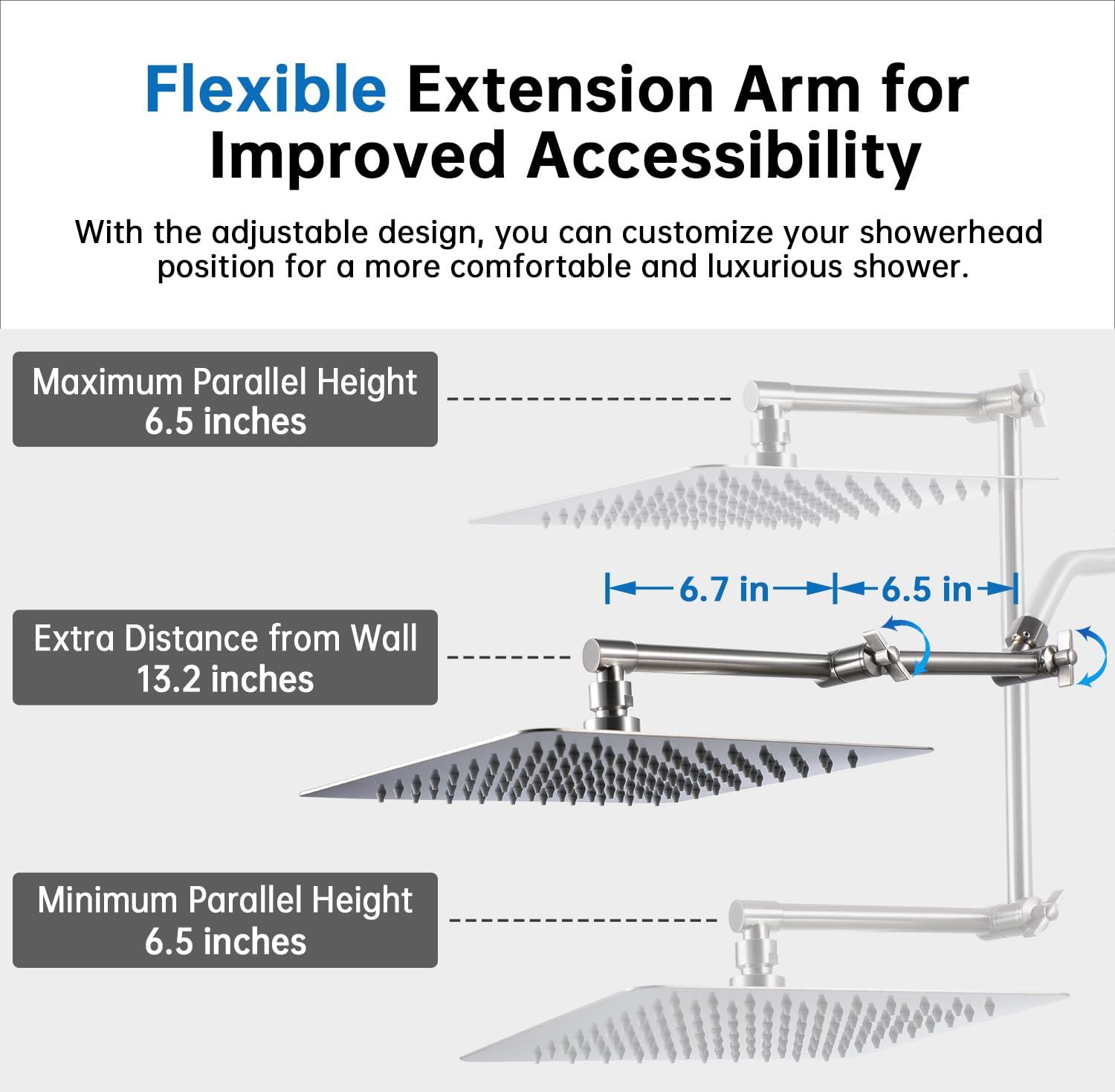 G-Promise All Metal 10 Inches Rainfall Shower Head with Handheld Spray Combo, 3 Settings Diverter, Adjustable Extension Arm with Lock Joints, 71 Inches Stainless Steel Hose (Brushed Nickel) - Image 4