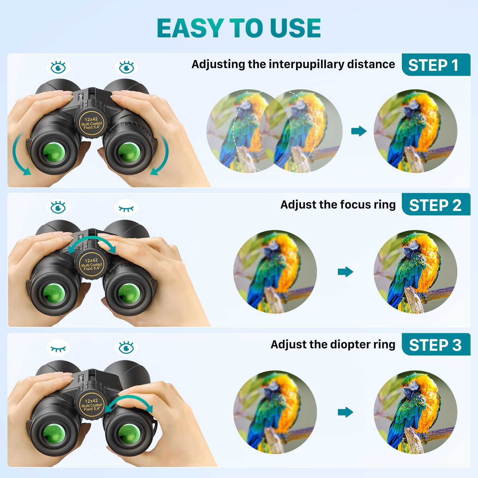 Kylietech 12X42 Binoculars for Adults with Universal Phone Adapter, HD Waterproof Fogproof Compact Binoculars for Bird Watching, Hunting, Hiking, Sports, and Concerts with BAK4 Prism FMC Lens - Image 4