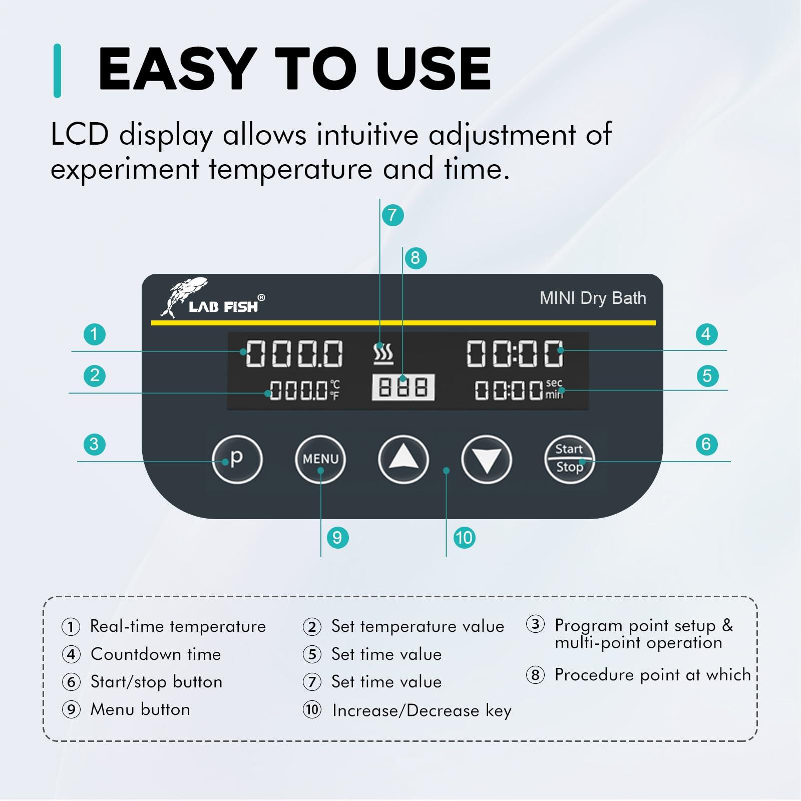 LAB FISH Mini Heating Digital Dry Bath Incubator Laboratory Thermostatic Heater,Programmable Timer | Dry Block Incubator with 1.5ml*15 Centrifuge Tubes Block - Image 5