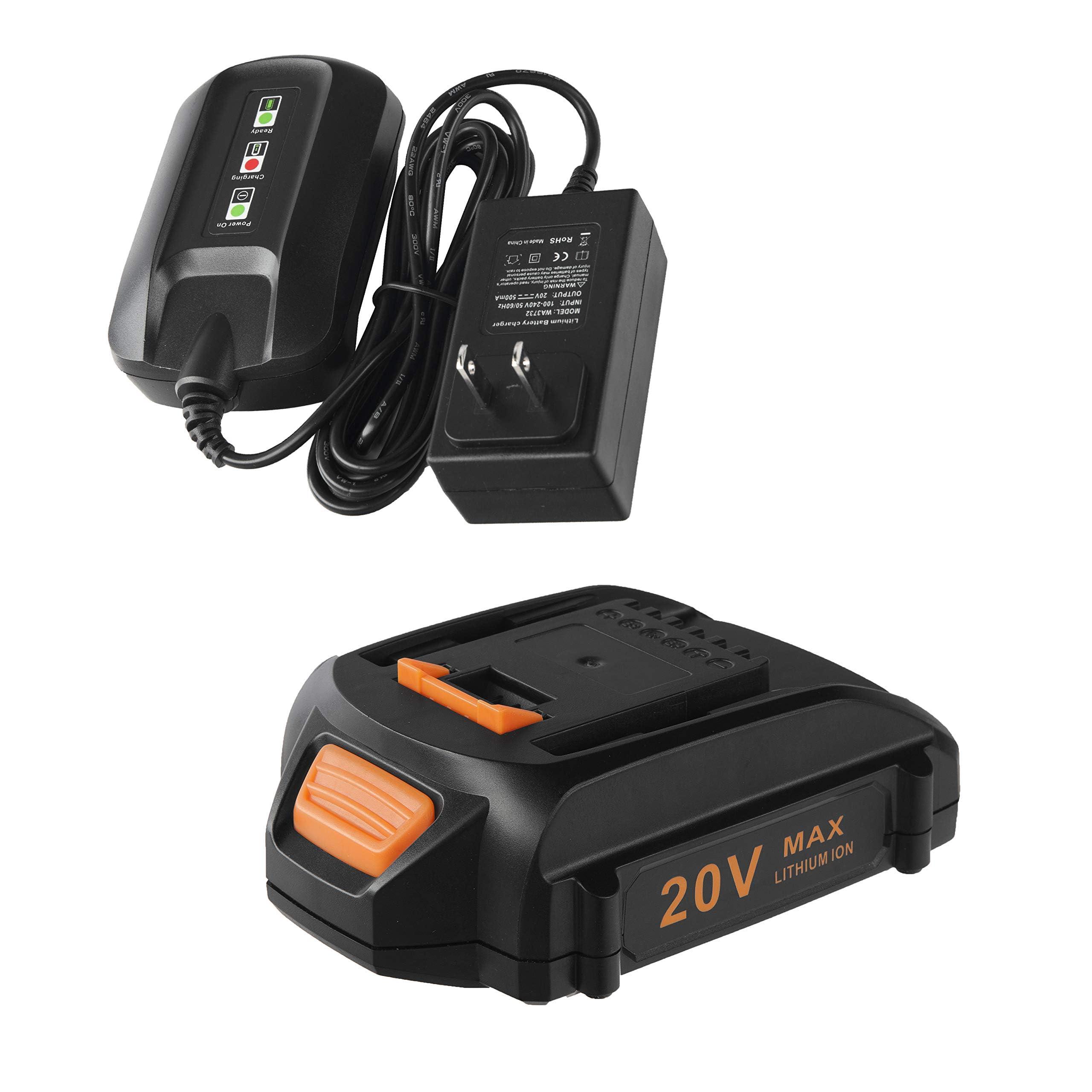 Cell9102 Replacement 20V Battery and Charger Starter Kit, WA3525 Lithium Battery and Charger WA3732 Compatible with Worx 20-Volt Cordless Power Tools