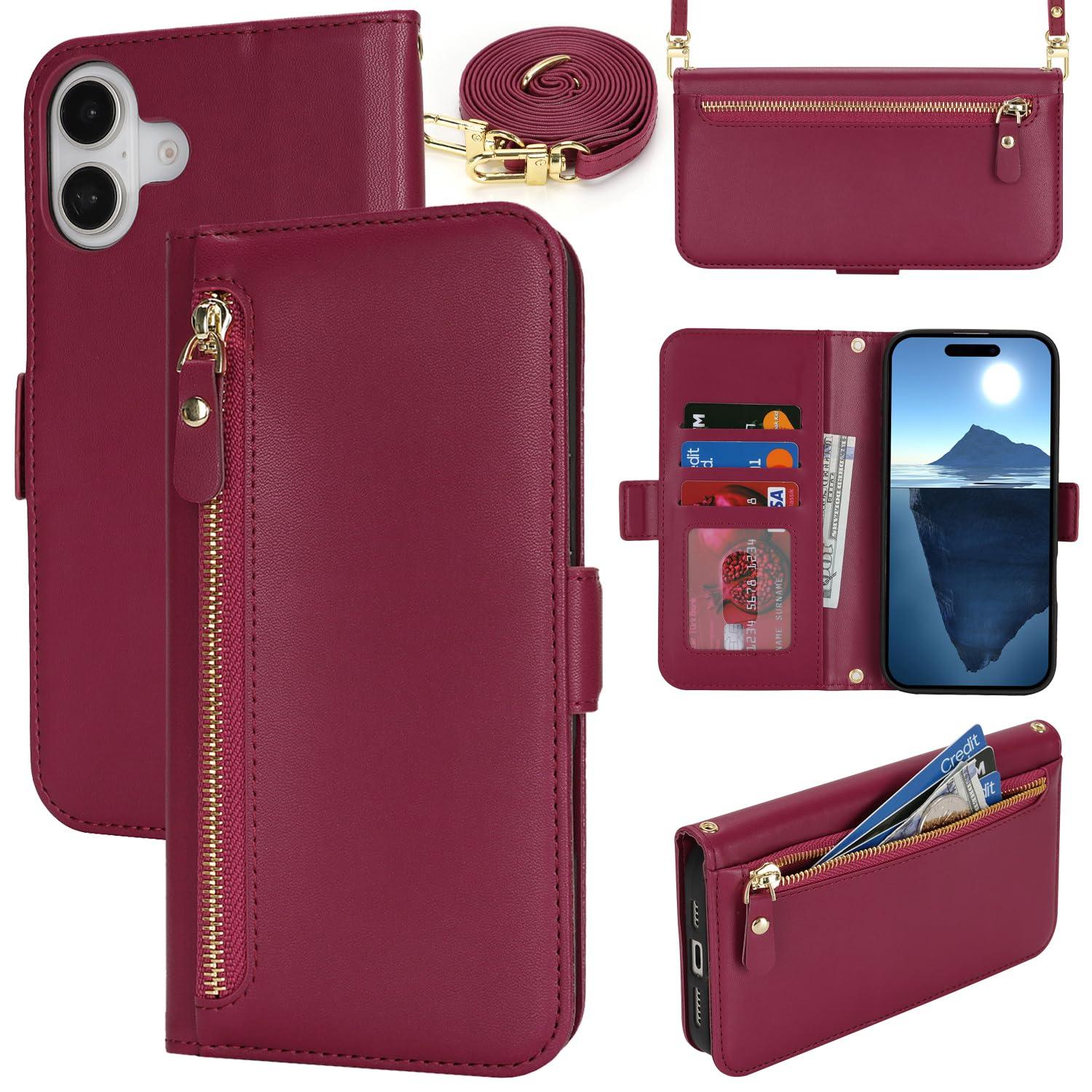 Lipvina for iPhone 16 Wallet Case for Women,Zipper Pocket,PU Leather Phone Case Stand flip Cover Crossbody Lanyard Strap Zipper Credit Card Holder Slots for Apple 16,Wine Red