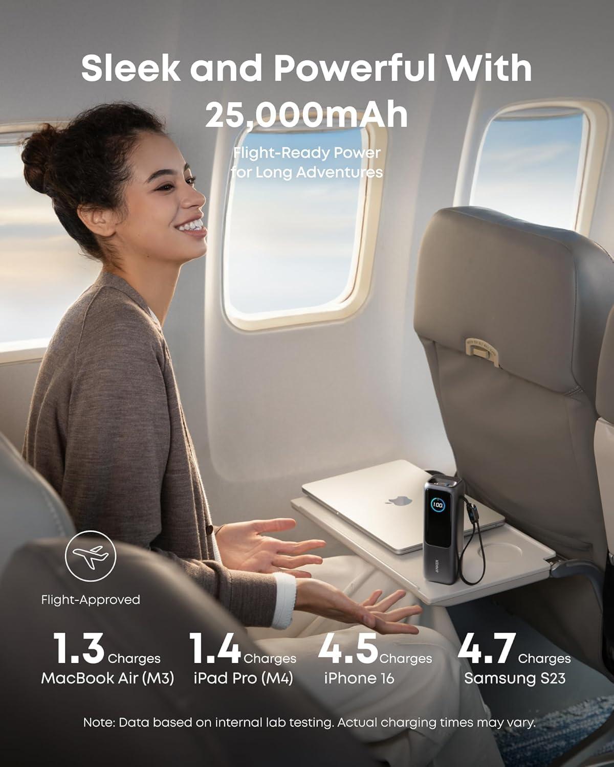 ANKER Laptop Power Bank, 25,000mAh Portable Charger with Triple 100W USB-C Ports for Multi-Device Charging, Built-in and Retractable Cables, for iPhone 16/15 Series, MacBook, Samsung, and More - Image 4