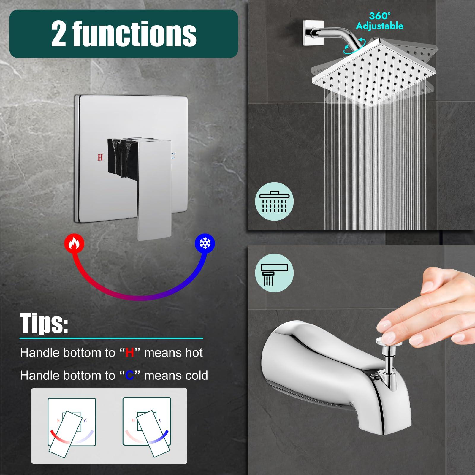 Heyalan Bathtub Shower Faucet Set,6 Inch Square Shower Trim Kit Single Handle Shower System,Showerhead and Handle Set Male Thread Pressure Balance Valve,With Tub Spout,Polished Chrome - Image 5