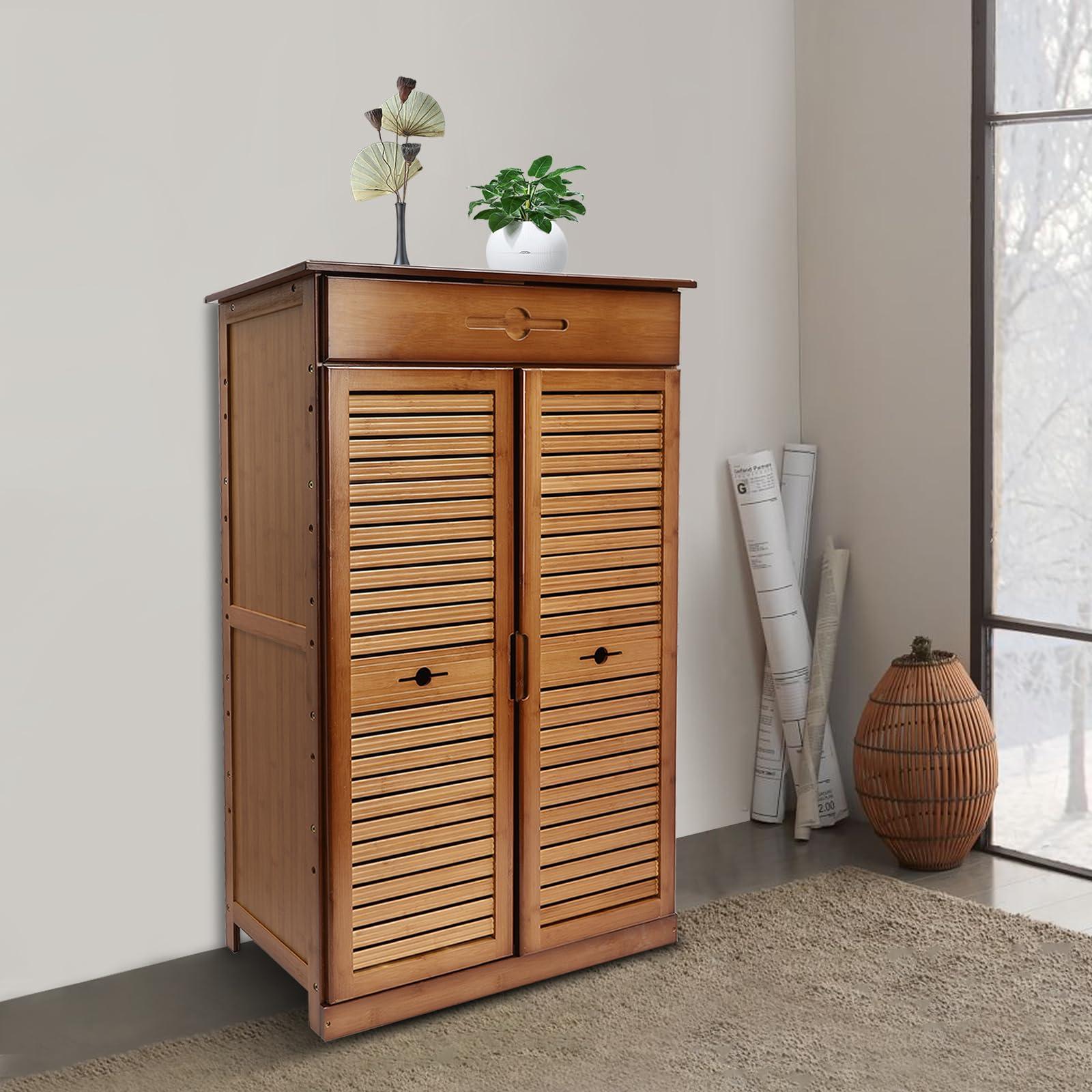 WUSILILU 5 Tier Shoe Cabinet with Drawer, Bamboo Shoe Cabinet Organizer with Door, Retro Entryway Shoe Storage Cabinet for Closet, Living Room, Bedroom, Hallway, Doorway - Image 2