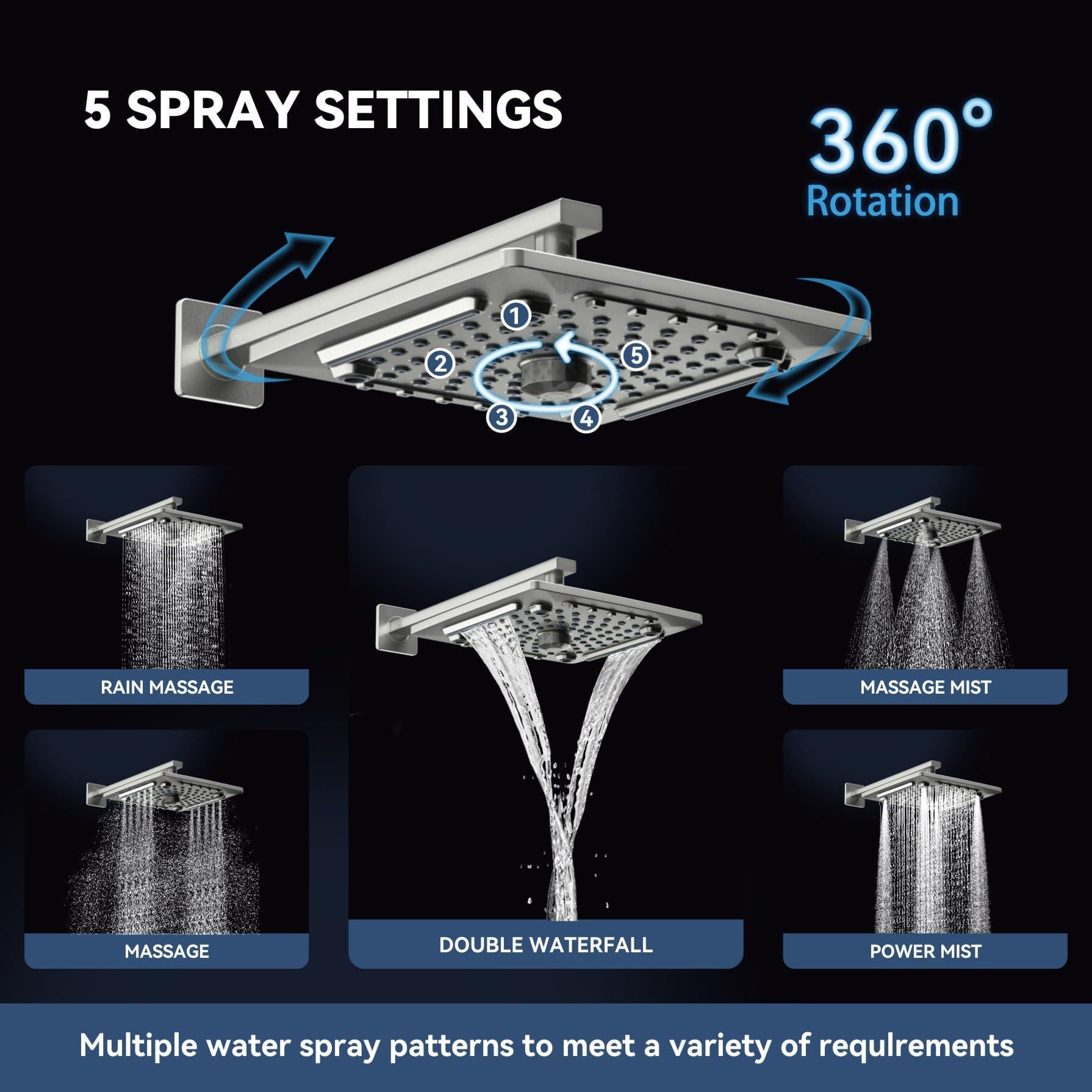 ELLO&ALLO Shower Faucet Set Mixing Valve and Trim Kit Brushed Nickel, Rainfall Waterfall Shower Head with Handheld Combo - Image 3