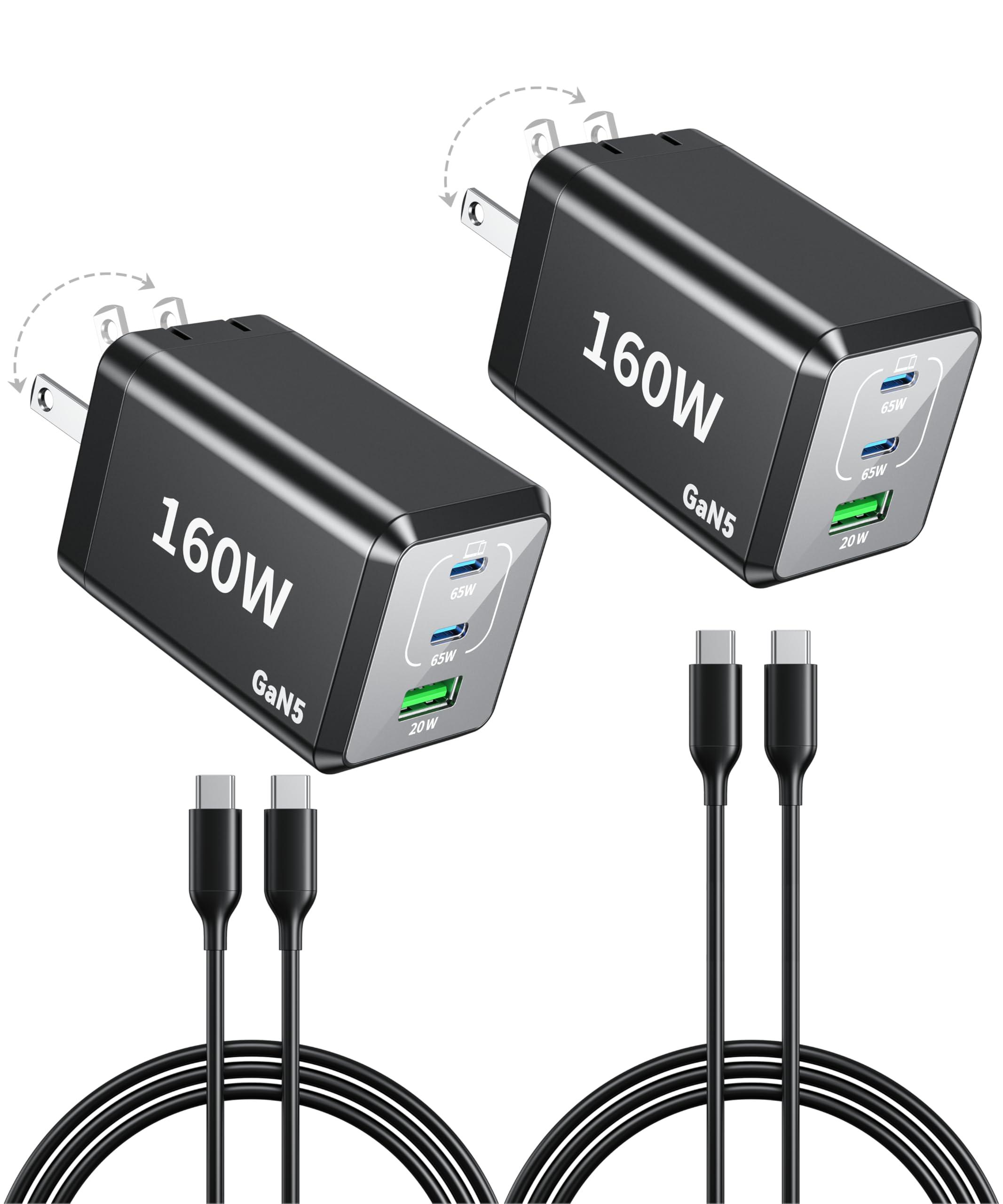 2 Pack USB C Fast Charger 160W Compact Foldable 3 Port Charging Station Hub Brick Block PD PPS 65W Laptop Charger for iPhone 16 16Pro Max MacBook Pro/Air/iPad Pro/Galaxy S24/Note 22/Dell XPS
