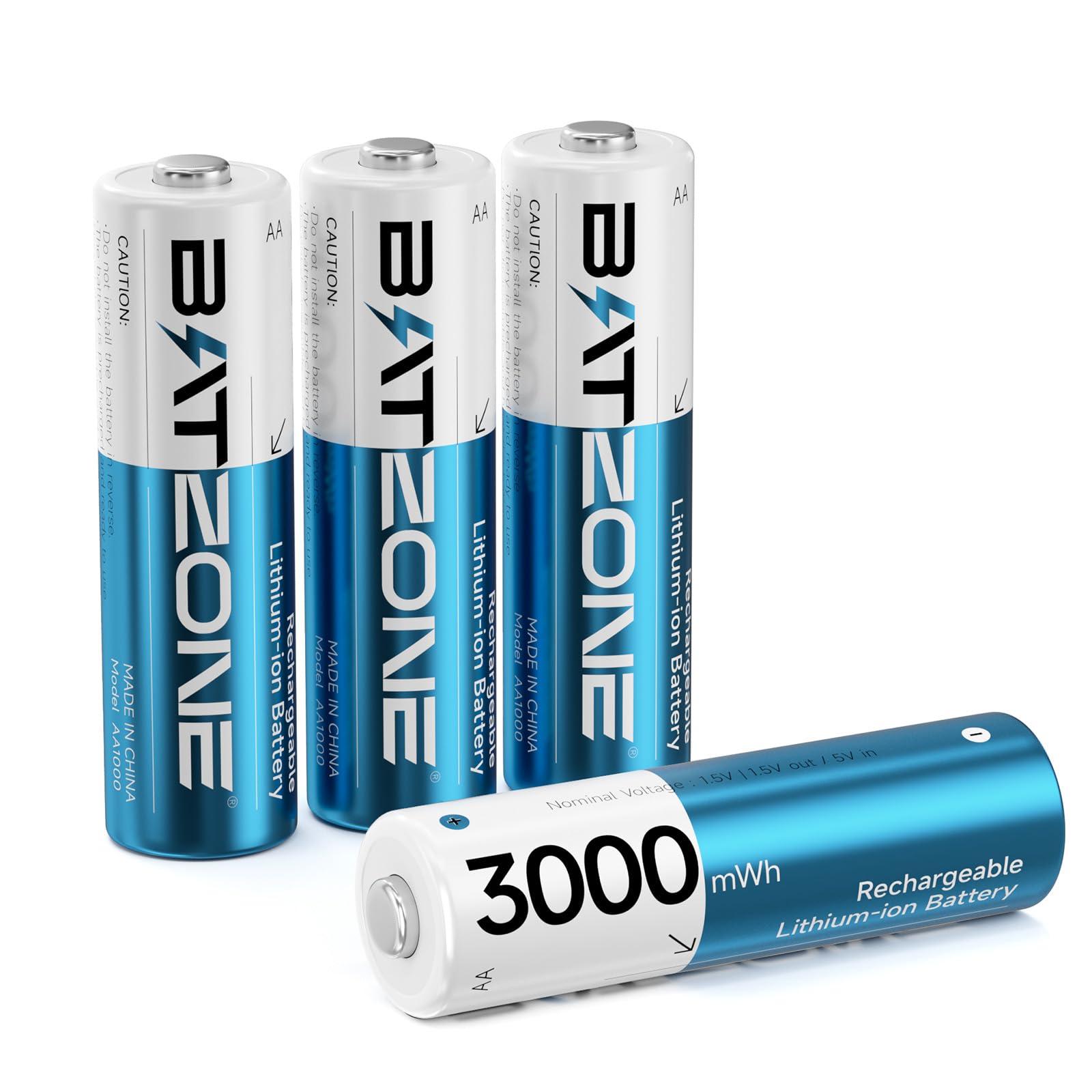BATZONE Rechargeable Lithium aa Batteries 4 Pack 1.5V 3000mWh High Capacity Lithium Batteries aa Constant Output Li-ion Double a Batteries Cycle Times up to 1600x (4Pack)