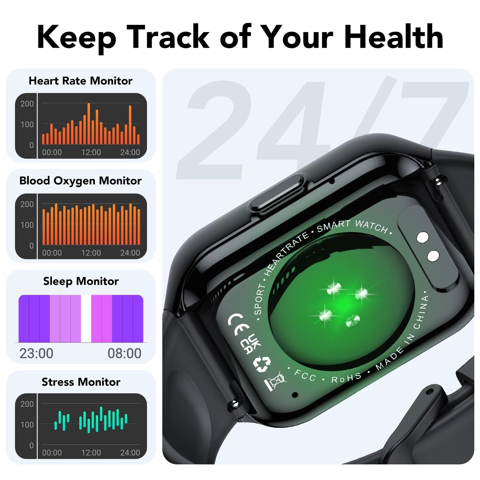 Smart Watch for Men Women, 1.96" Smartwatch (Answer/Make Call), IP68 Waterproof Fitness Tracker, 112+ Sport Modes, Heart Rate and Sleep Monitor, Pedometer, Smartwatches for Android iOS,Black - Image 2