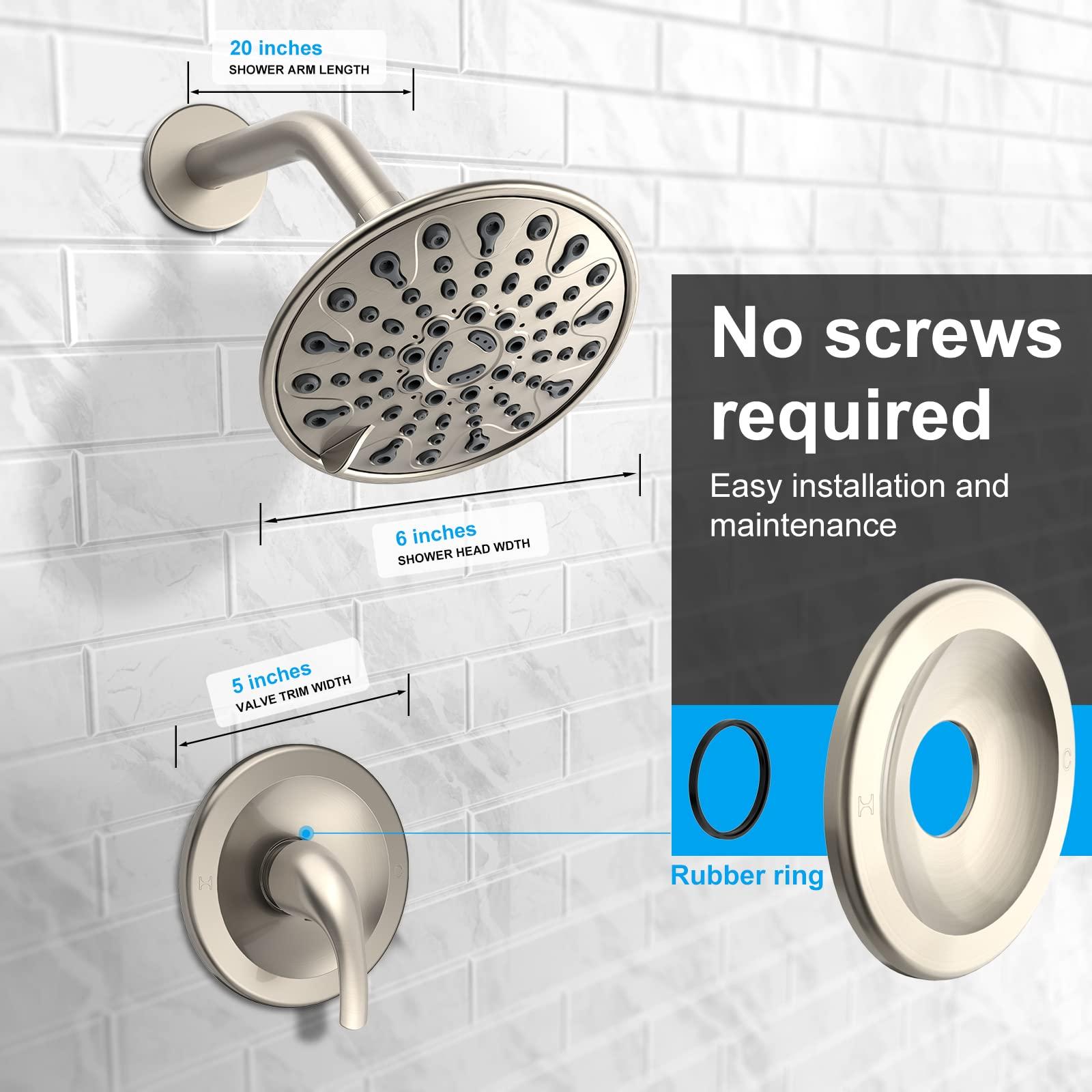Brushed Nickel Shower Faucet Set, EMBATHER Shower Fixtures with 6 Inch Rainfall Shower Head, Single Handle Control Shower Valve and Trim Kit - Image 7
