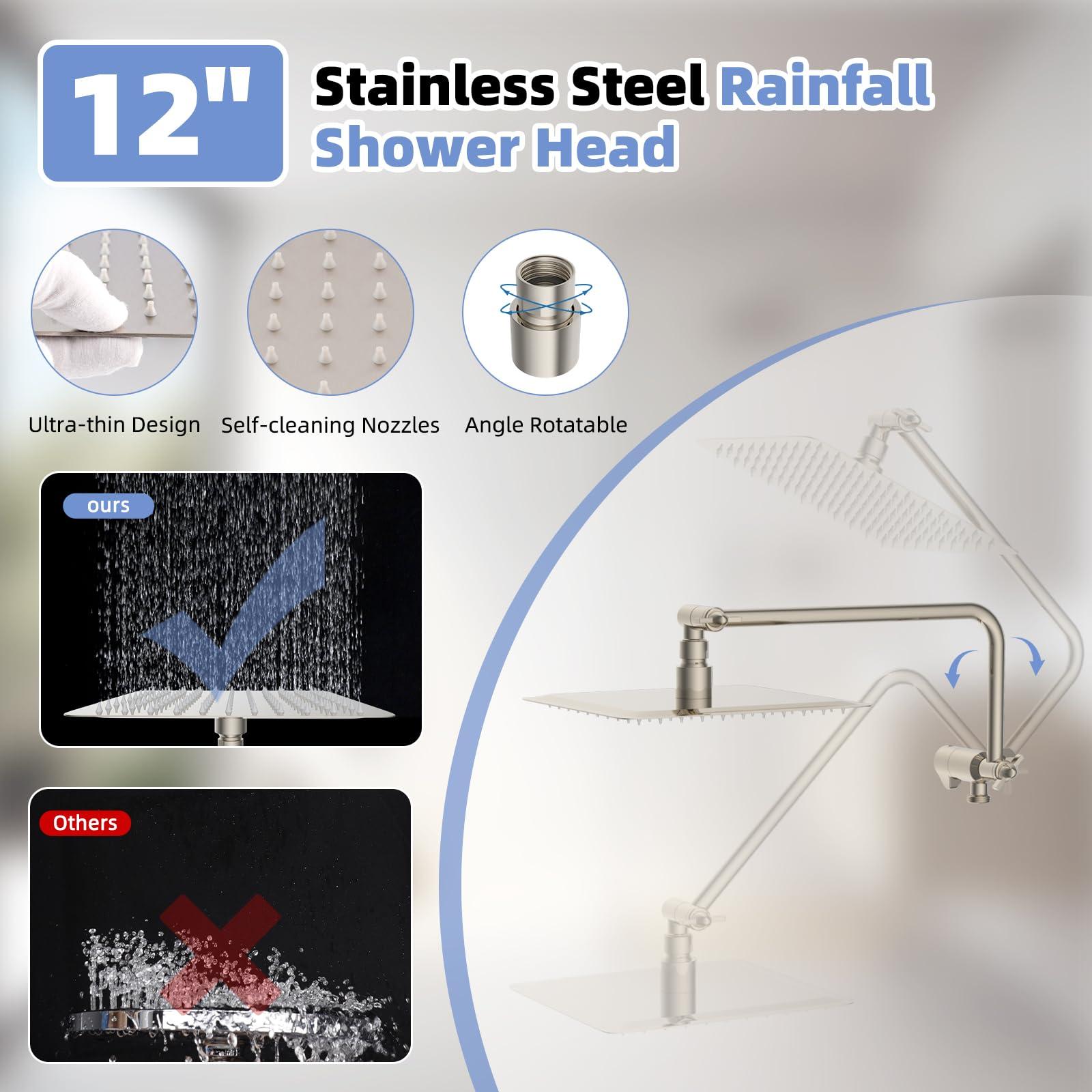 Hygie Rinse 12" All Metal Shower Head, High Pressure 10-Spray Handheld Showerhead Rainfall Shower Head Combo with 11" Adjustable Shower Extension Arm, 71" Hose, Shower Head Holder, Brushed Nickel - Image 4
