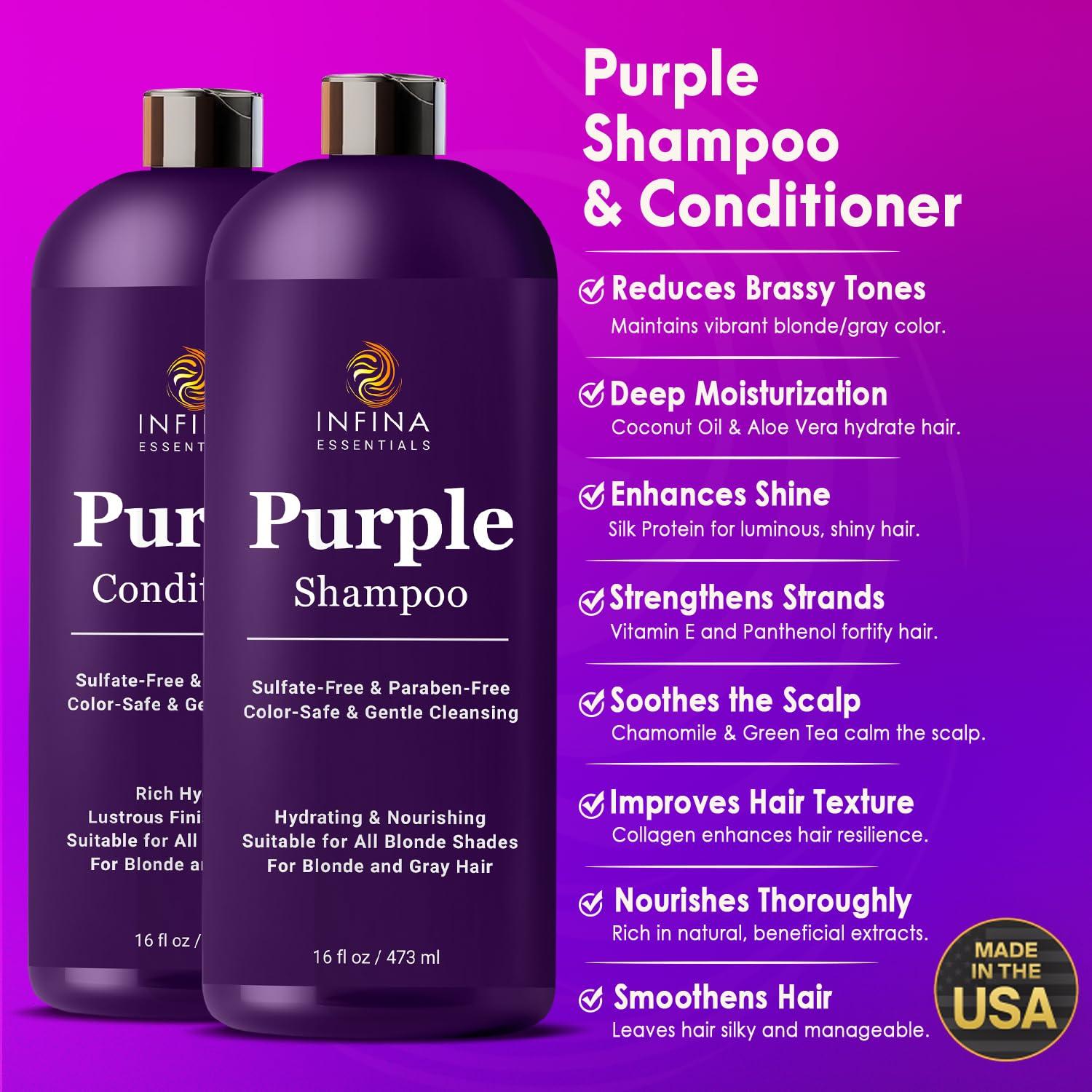INFINA ESSENTIALS Purple Shampoo and Conditioner Set - Sulfate Free, Enriched with Coconut Oil & Aloe Vera, Ideal for Blonde, Gray, Brassy & Color Treated Hair, Nourishes & Hydrates - 16 fl oz each - Image 2