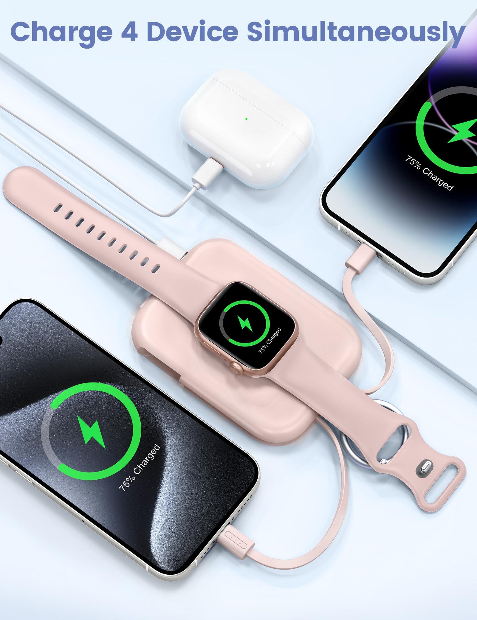 RORRY Portable Charger, 5000mAh Portable Charger Power Bank with Built-in Cables, Travel Keychain Battery Pack for Apple Watch Ultra 2/10/9/8/Ultra/7/6/SE/5, iPhone 16/15/14/13/12, Pink - Image 4