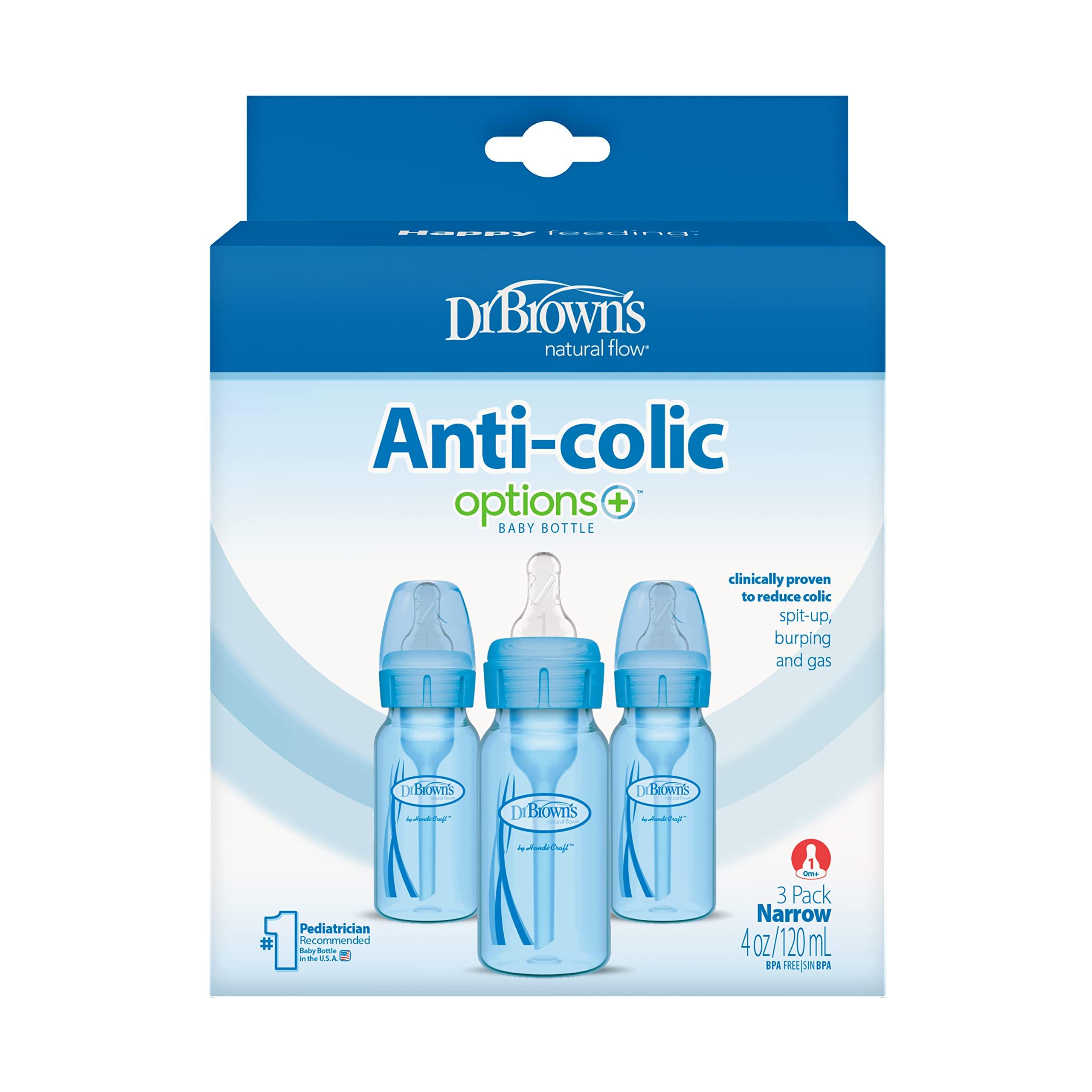 Dr. Brown’s Natural Flow® Anti-Colic Options+™ Narrow Baby Bottles 4 oz/120 mL, with Level 1 Slow Flow Nipple, 3 Pack, 0m+ Blue - Image 4