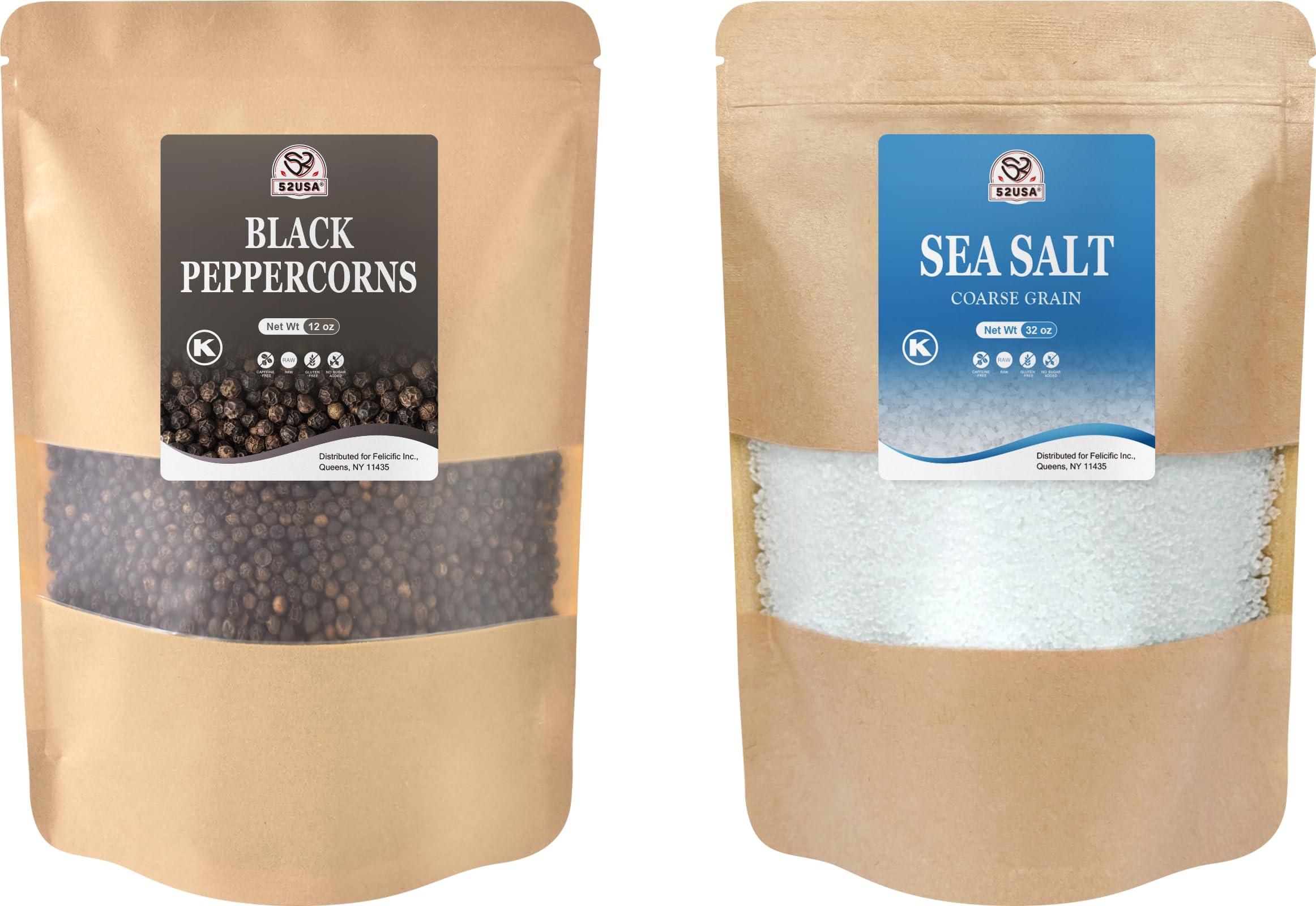 52USA Black Peppercorns 12 oz and Coarse Sea Salt 2 lbs, Salt and Pepper for Grinder Refill, Whole Peppercorns