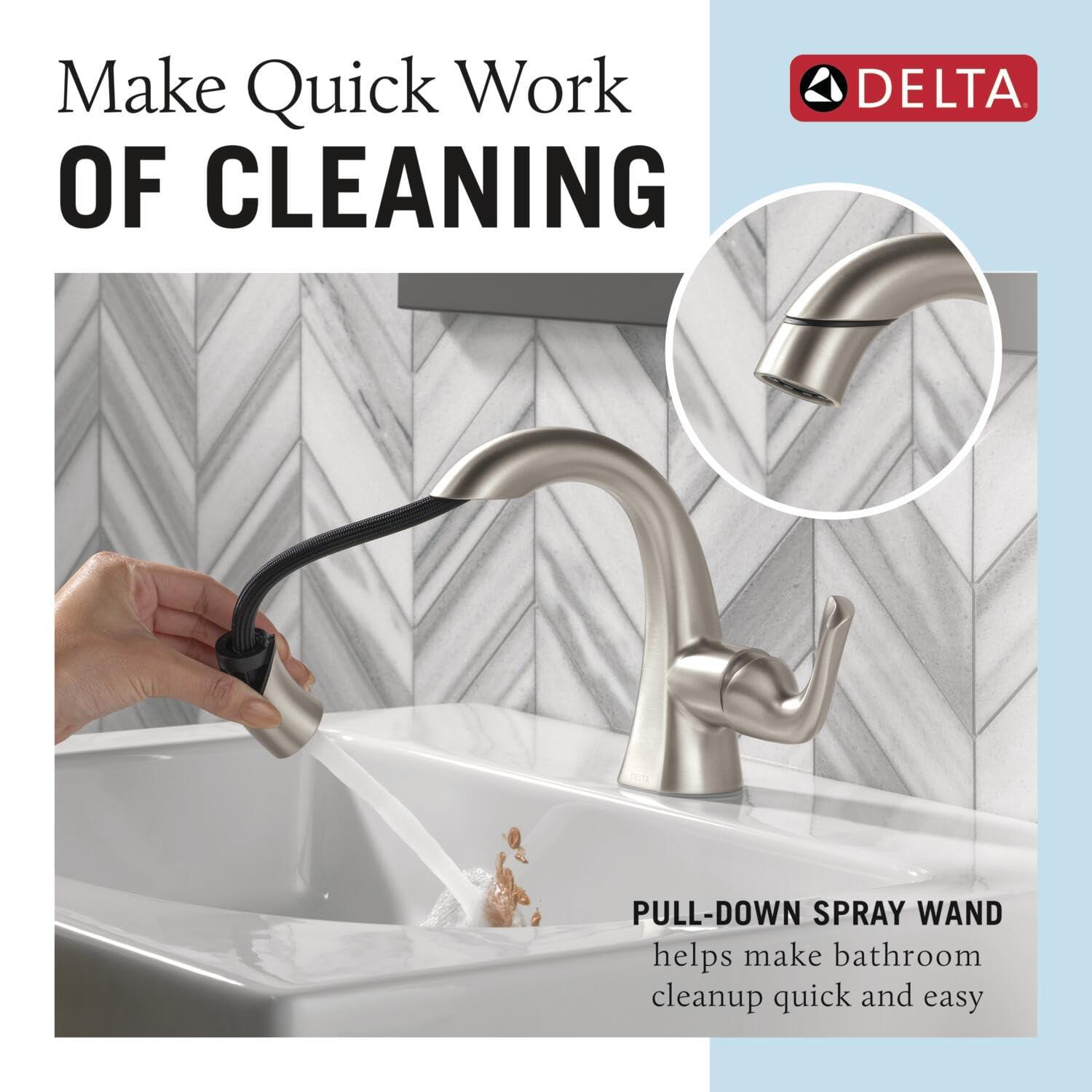 Delta Arvo 1 Hole Pull Down Bathroom Faucet with Sprayer, Brushed Nickel Single Hole Bathroom Sink Faucet with Pull Out Sprayer for Vanity, Push-Pop Drain, SpotShield Stainless 15840LF-SPPD - Image 4