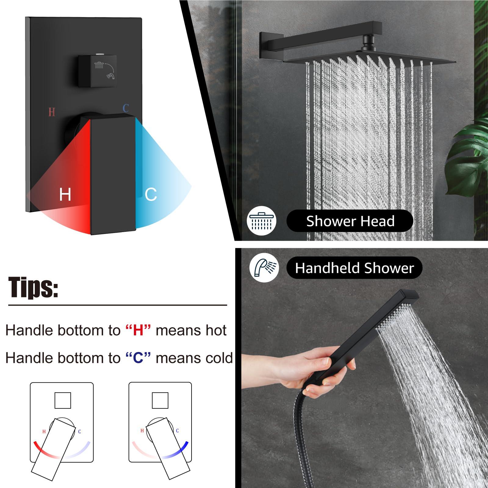 Midanya Rain Shower System Square Rainfall Shower Head Wall Mount Shower Faucet Set with Hand Sprayer Rough-in Valve Trim Kit Bathroom Mixer Shower Combo Set,10 Inch,Matte Black - Image 4