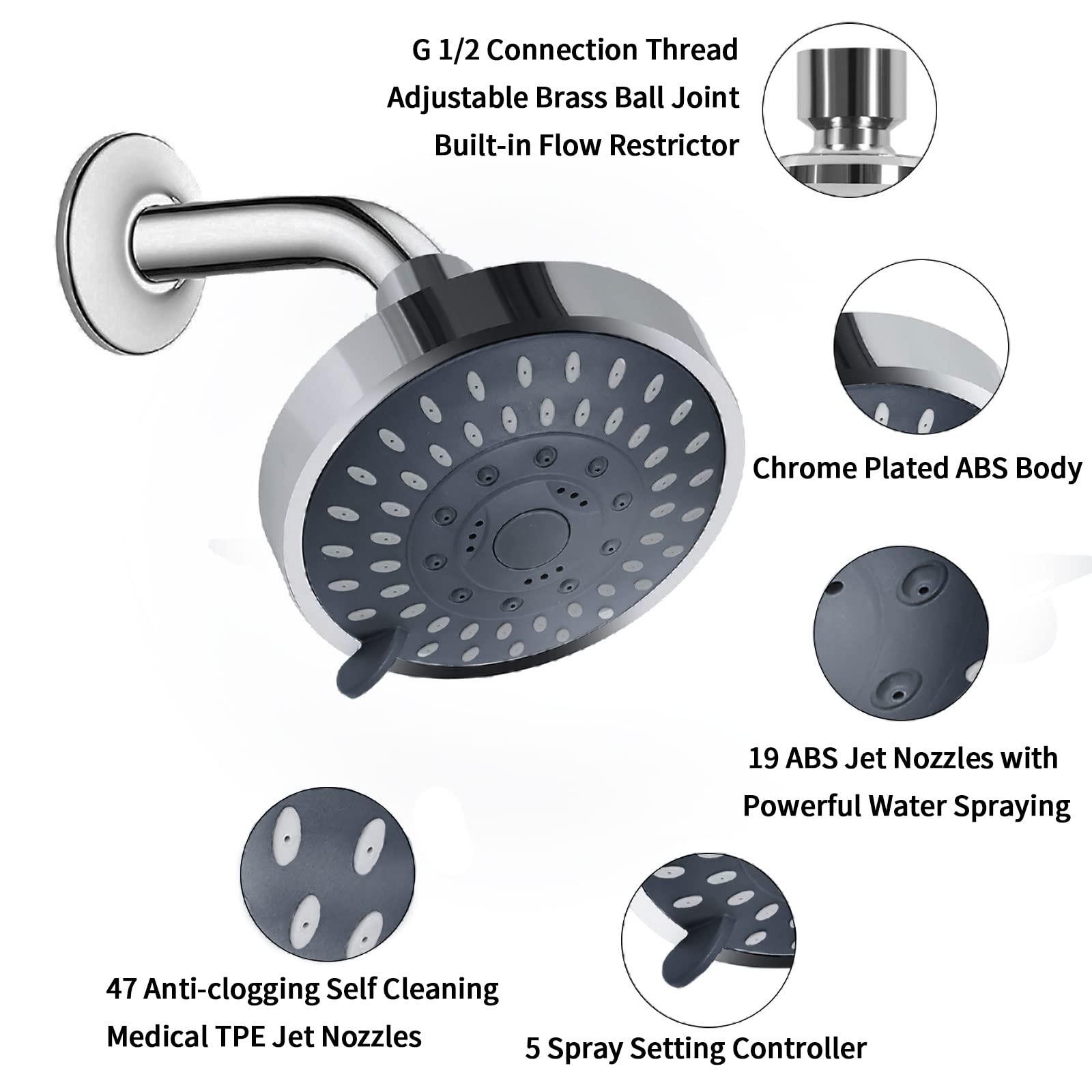 Aisoso Shower Head High Pressure Rain Fixed Showerhead 5-Setting with Adjustable Metal Swivel Ball Joint - Relaxed Shower Experience Even at Low Water Flow & Pressure - Image 6