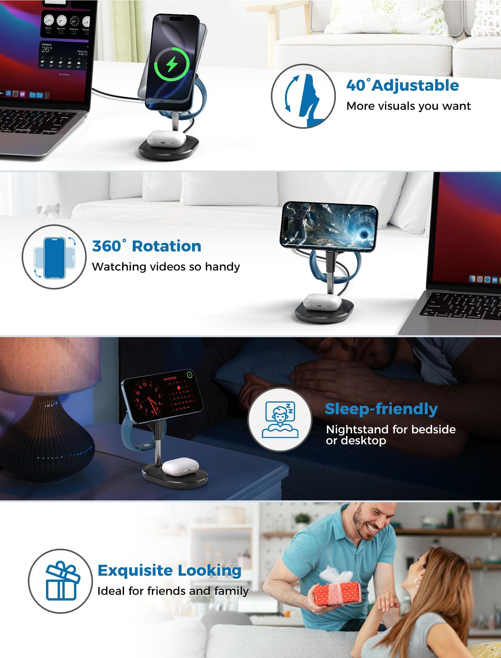 Hevanto 3 in 1 Wireless Charging Station for Apple MagSafe Charger, 15W Fast Qi-Certified Magnetic Mag-Safe Charger Stand for iPhone 16 15 14 13 12 Apple Watch AirPods, Adjustable Angle,Gifts for Men - Image 9