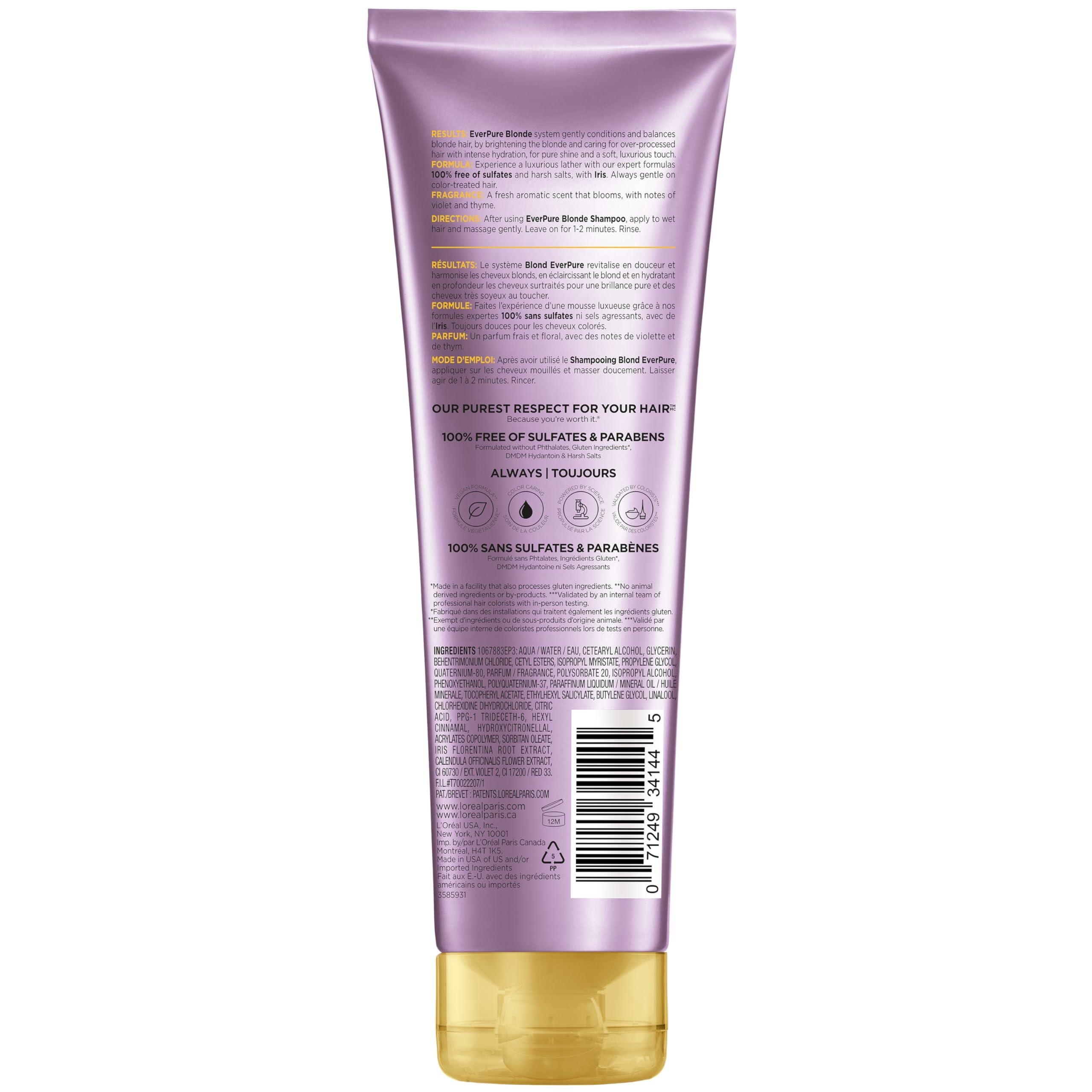 L'Oreal Paris Blonde Sulfate Free Shampoo for Color-Treated Hair, Neutralizes Brass + Balances, EverPure, 8.5 Fl Oz (Packaging May Vary) - Image 8