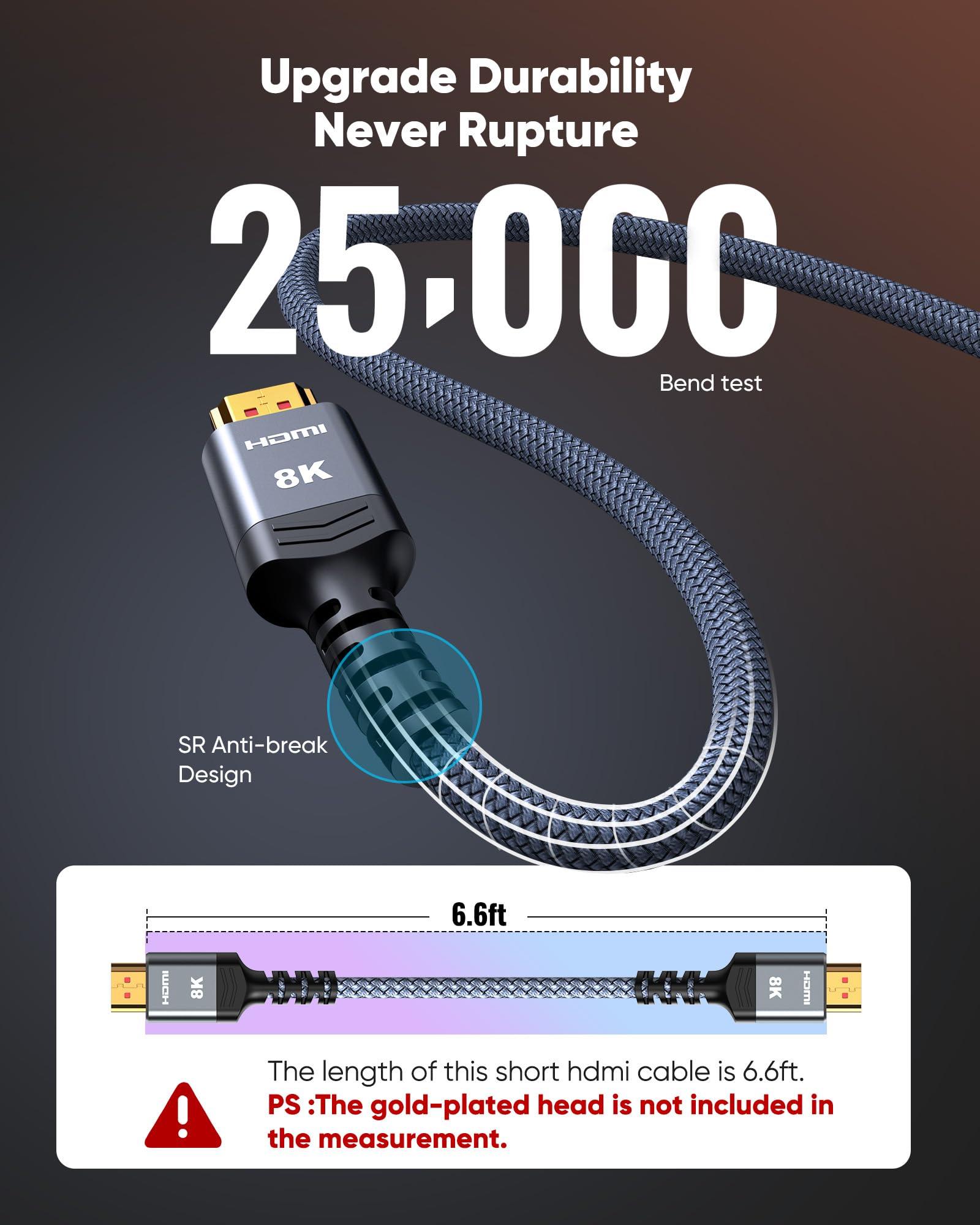Highwings 8K 10K 4K HDMI Cable 48Gbps 6.6FT/2M, Certified Ultra High Speed HDMI Cable Braided Cord-4K@120Hz 8K@60Hz, DTS:X, HDCP 2.2 & 2.3, HDR 10 Compatible with Roku TV/PS5/HDTV/Blu-ray - Image 5